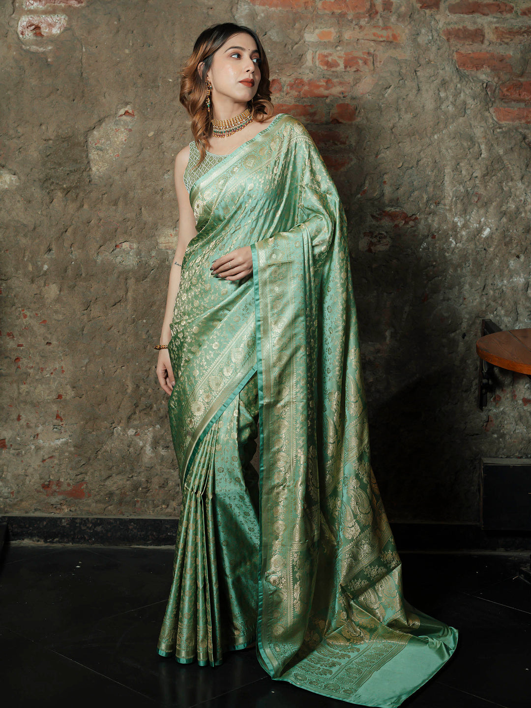 Pista-Green Woven Design Satan Saree