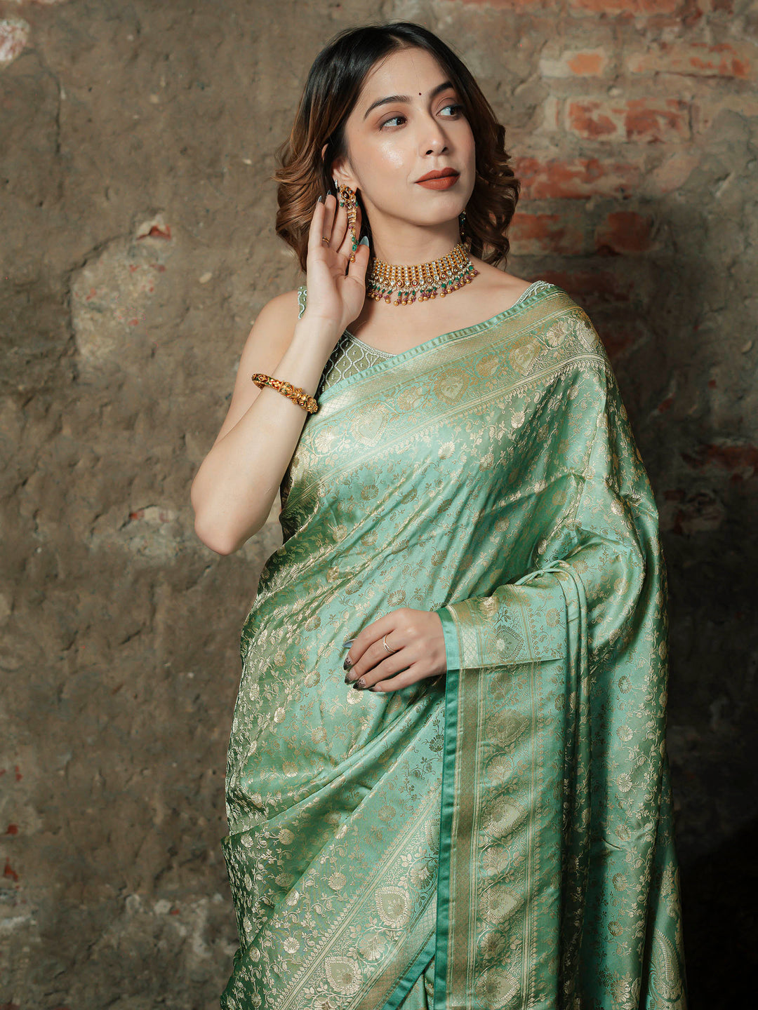 Pista-Green Woven Design Satan Saree