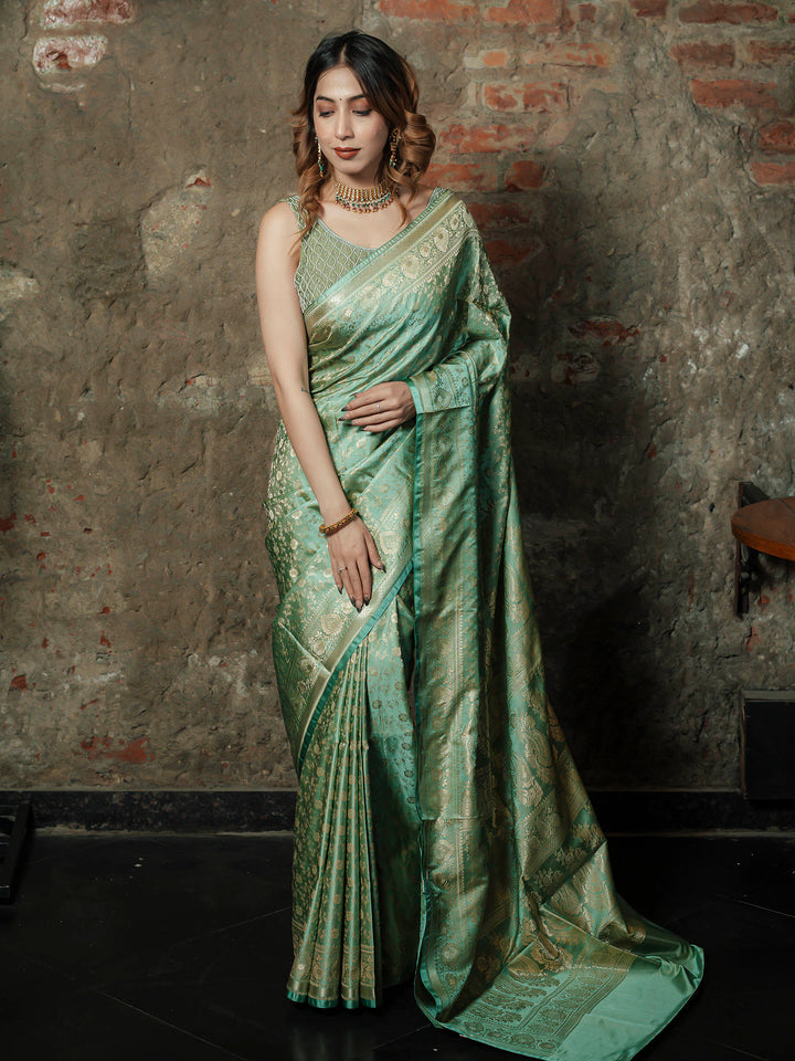 Pista Green Woven Design Satin Saree