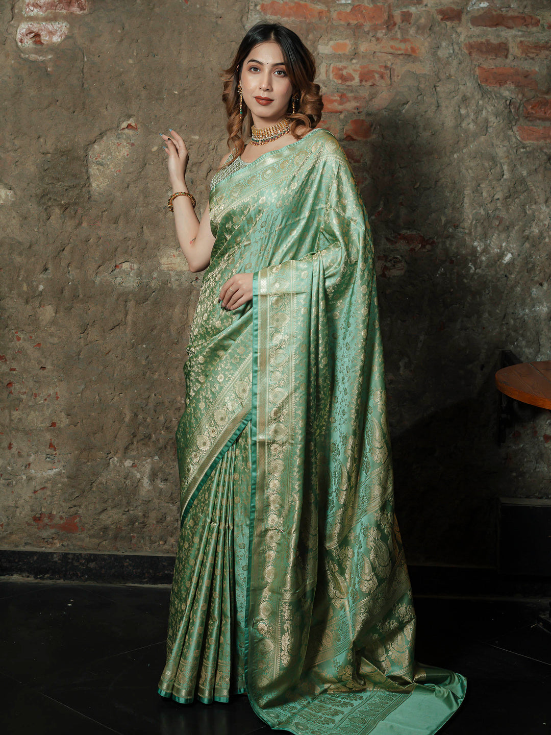 Pista-Green Woven Design Satan Saree