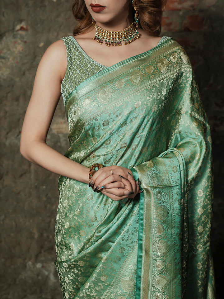 Pista Green Woven Design Satin Saree