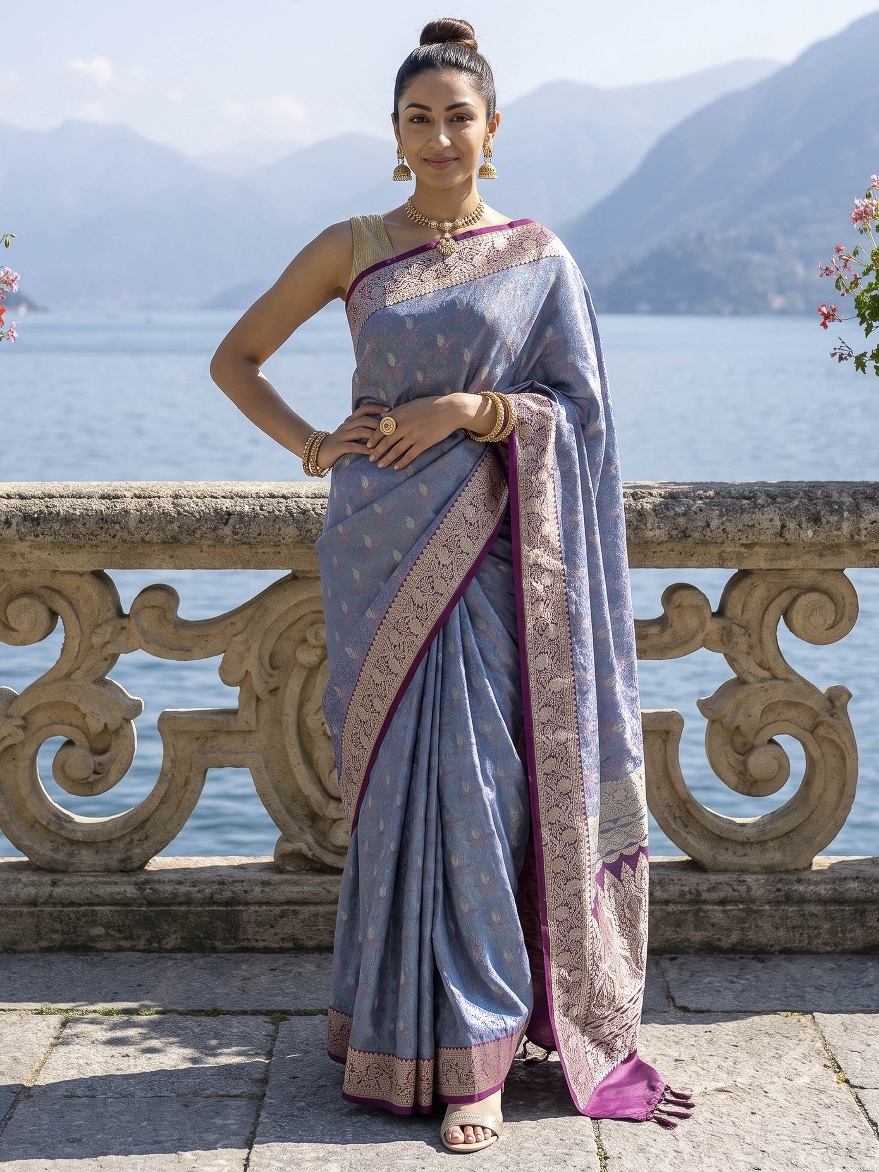 Sky Blue Woven Design Satin Saree