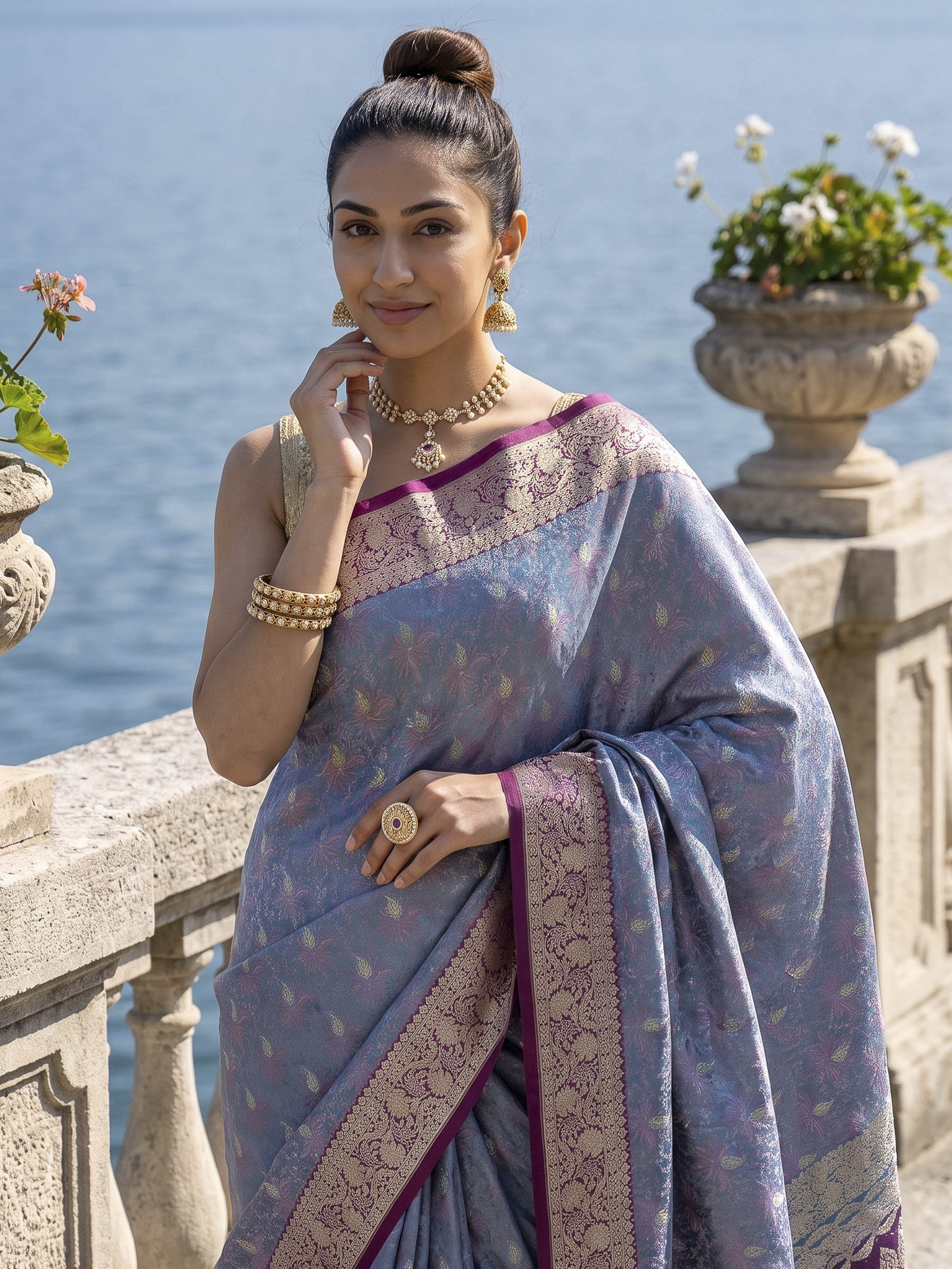 Sky Blue Woven Design Satin Saree