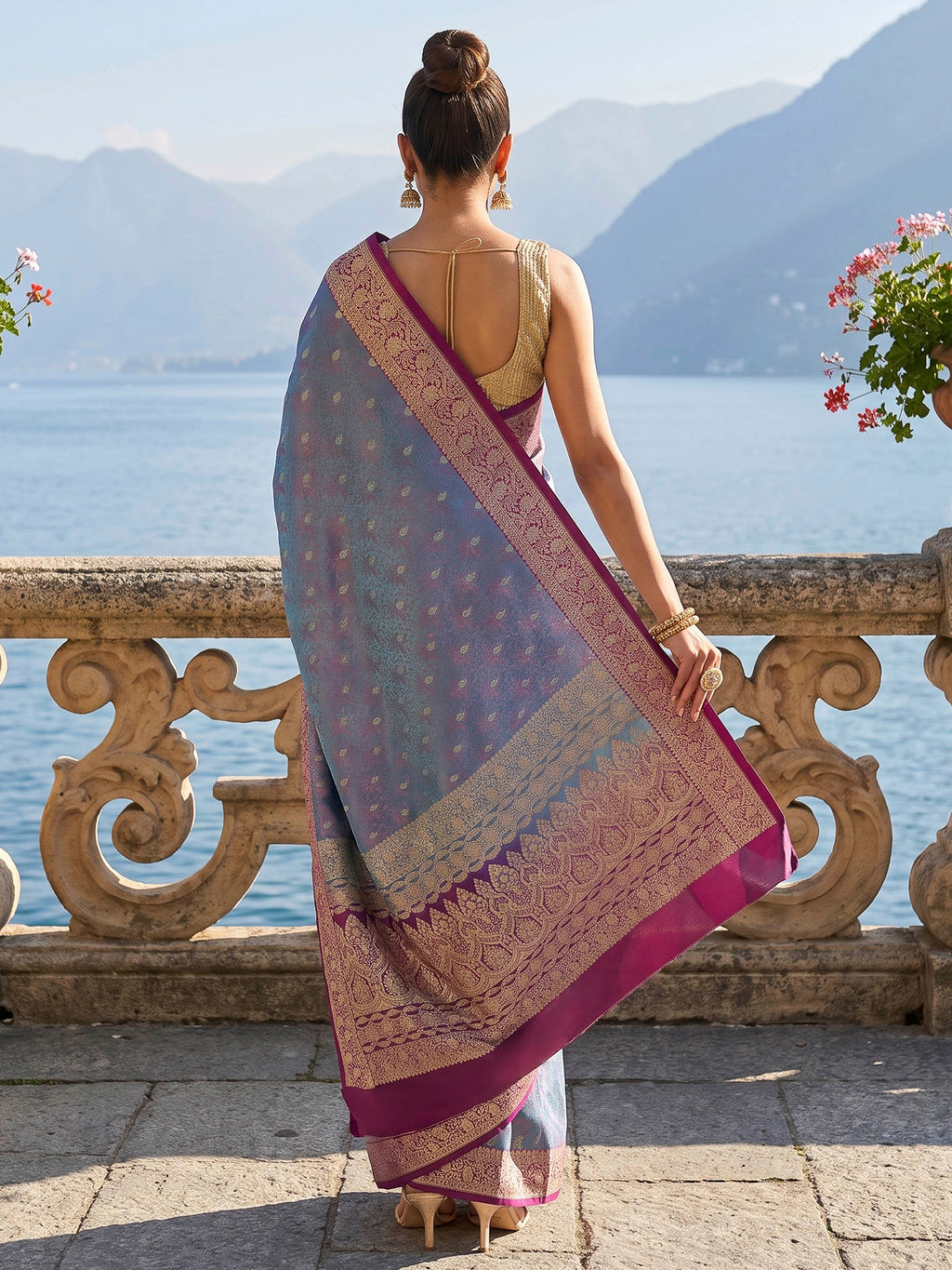 Sky Blue Woven Design Satin Saree