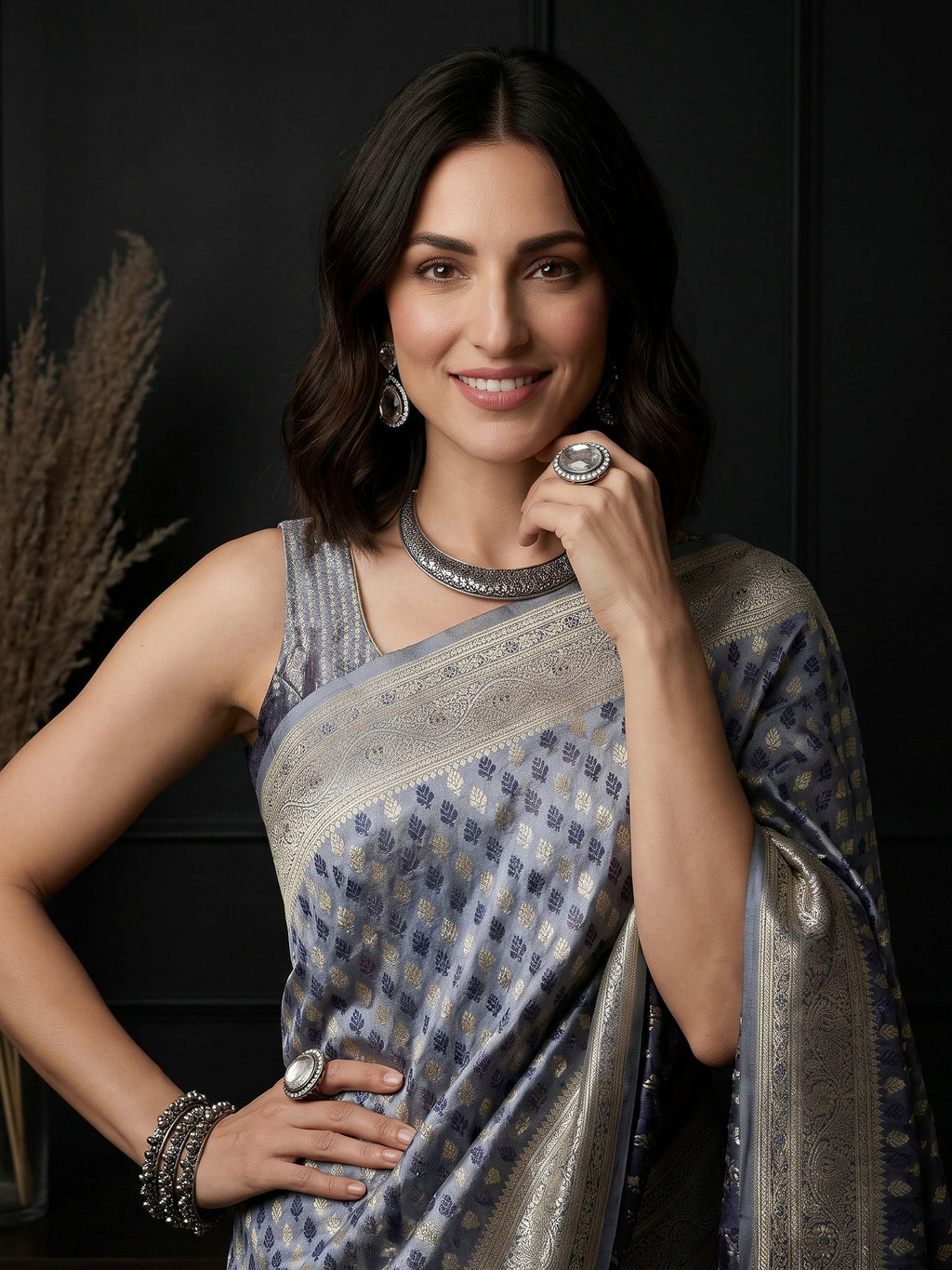 Grey Woven Design Satin Saree