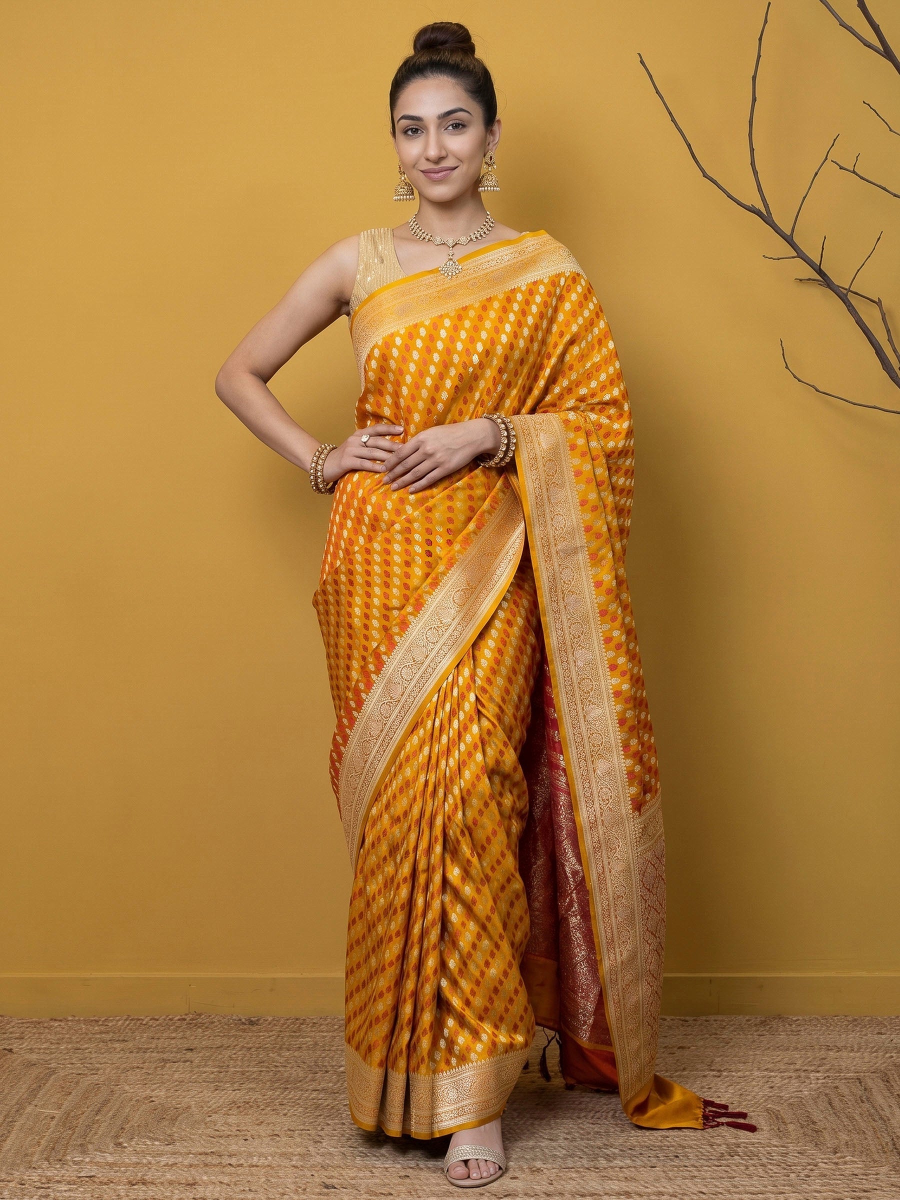 Mustard Woven Design Satin Saree