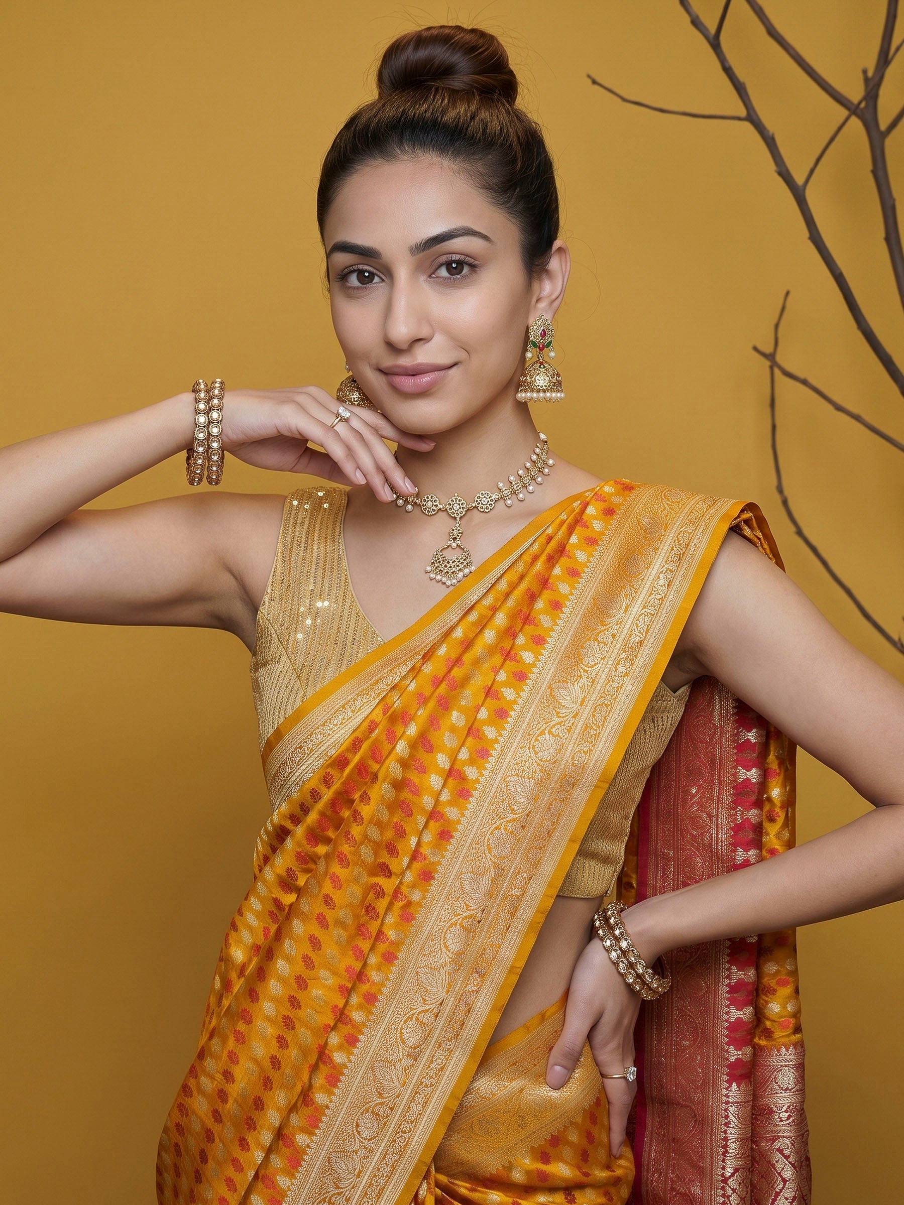 Mustard Woven Design Satin Saree