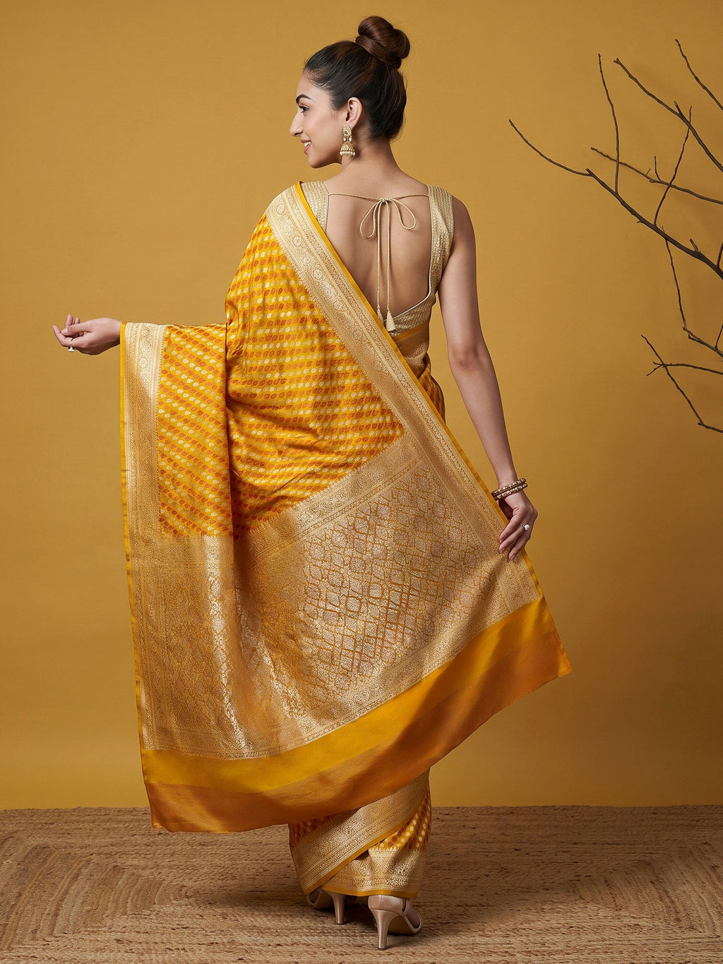 Mustard Woven Design Satin Saree