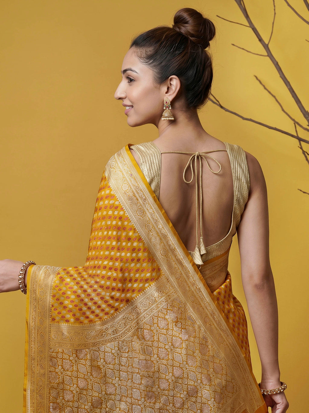 Mustard Woven Design Satin Saree