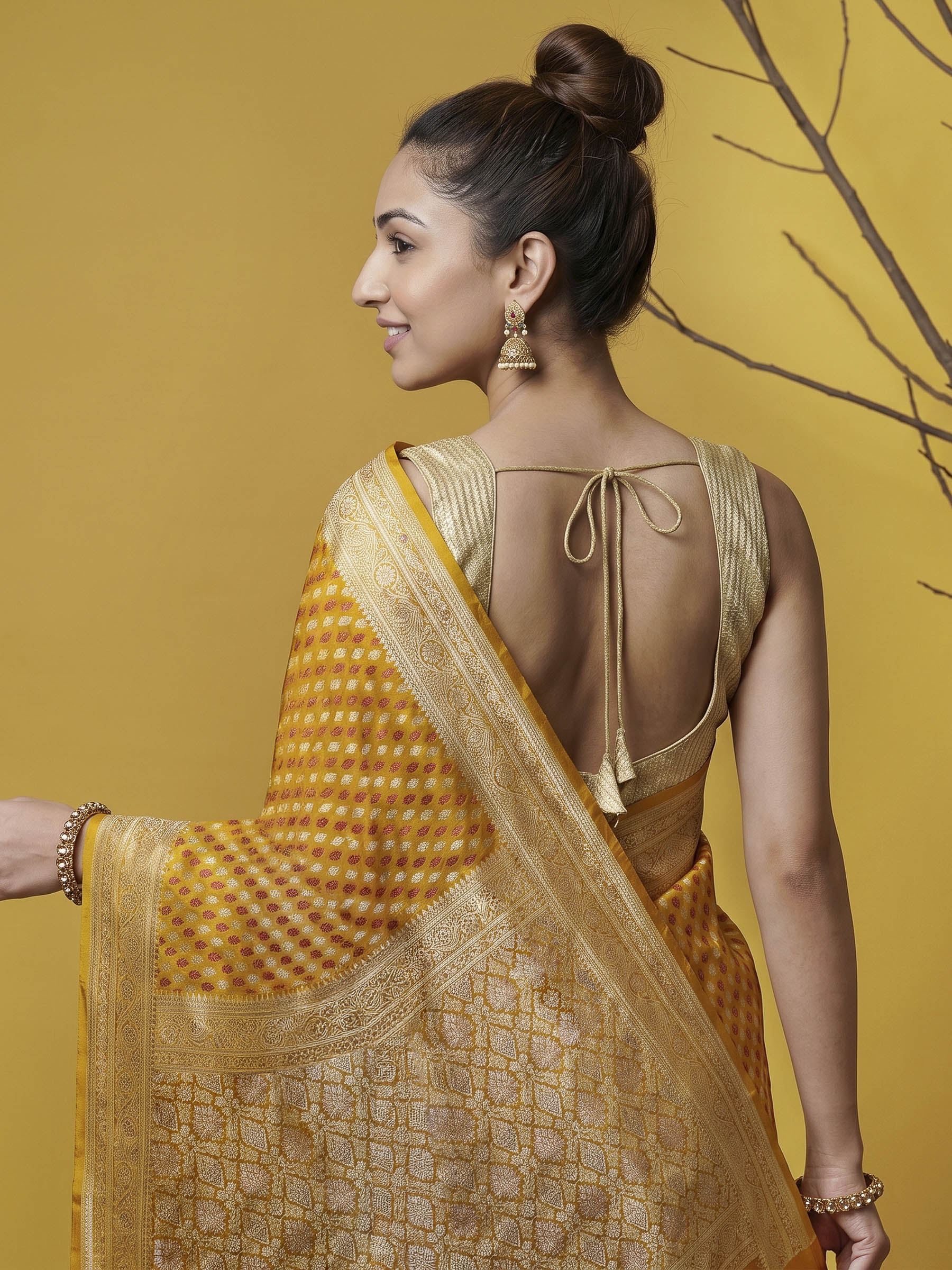Mustard Woven Design Satin Saree