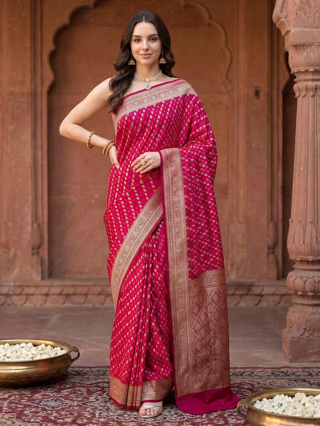 Red Woven Design Satin Saree