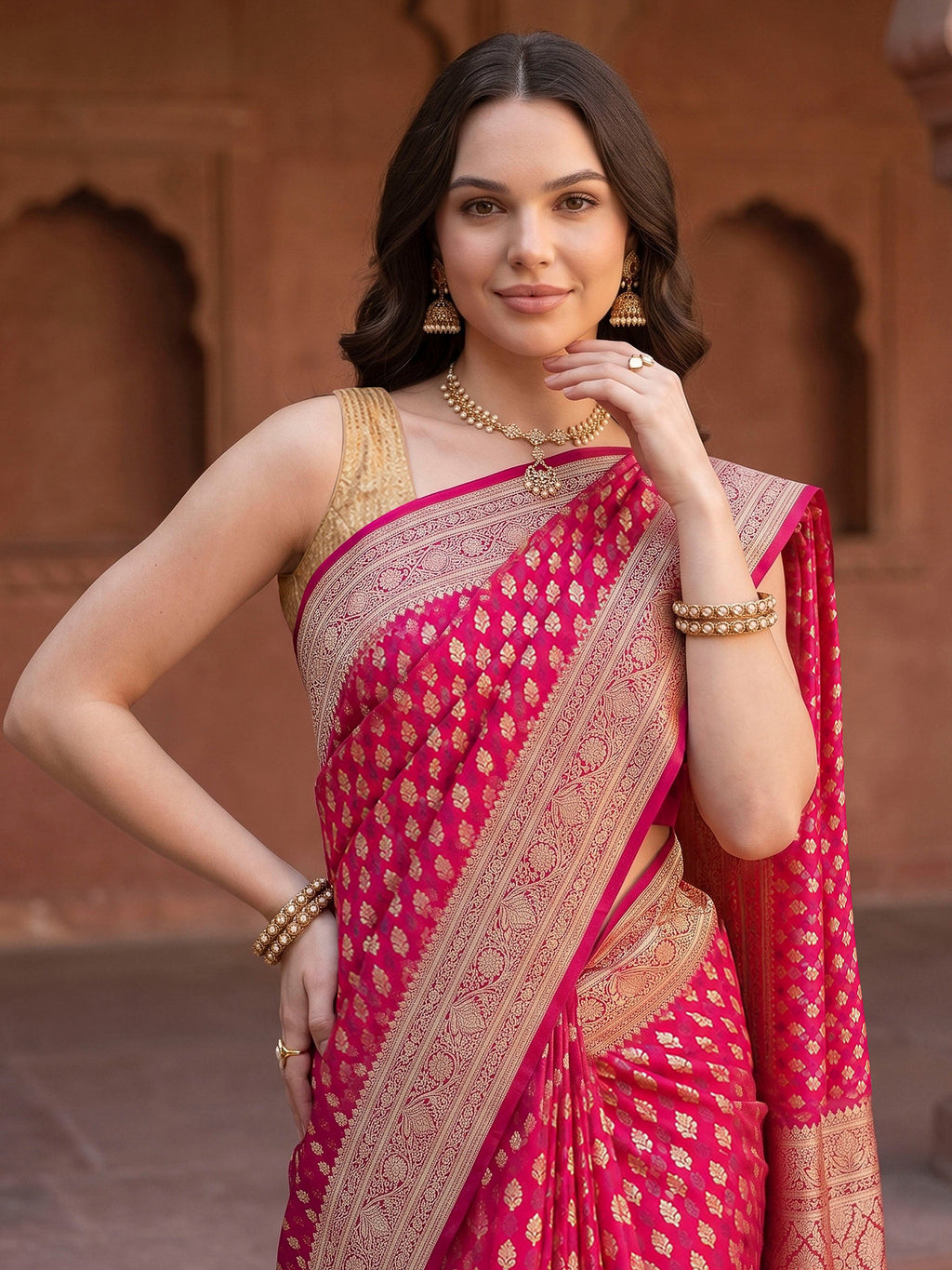 Red Woven Design Satin Saree
