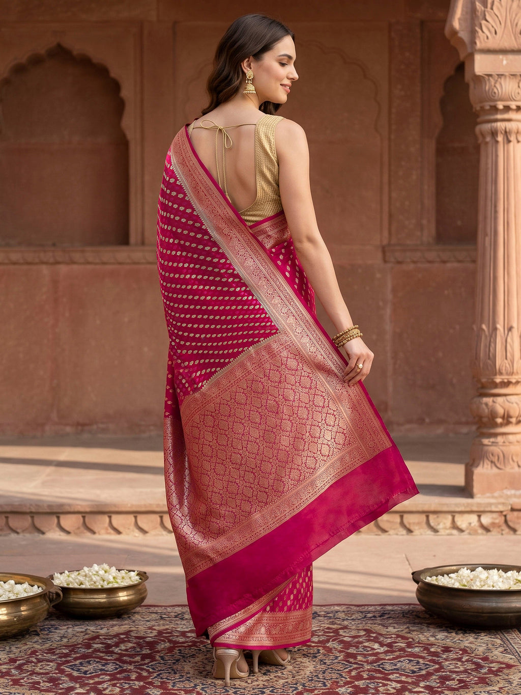 Red Woven Design Satin Saree