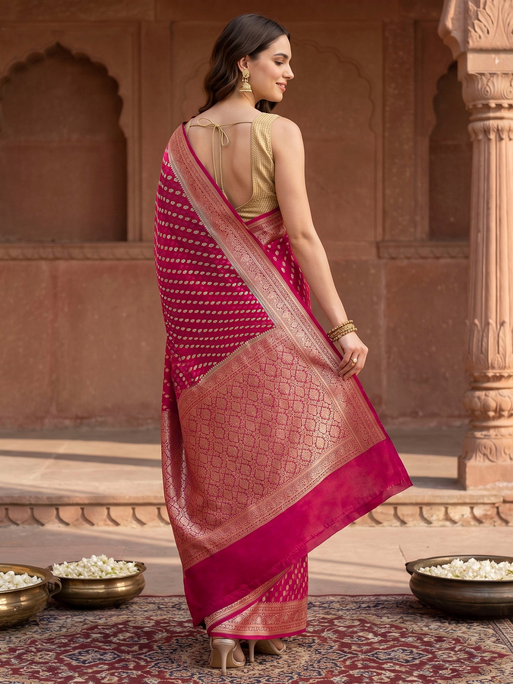 Red Woven Design Satin Saree