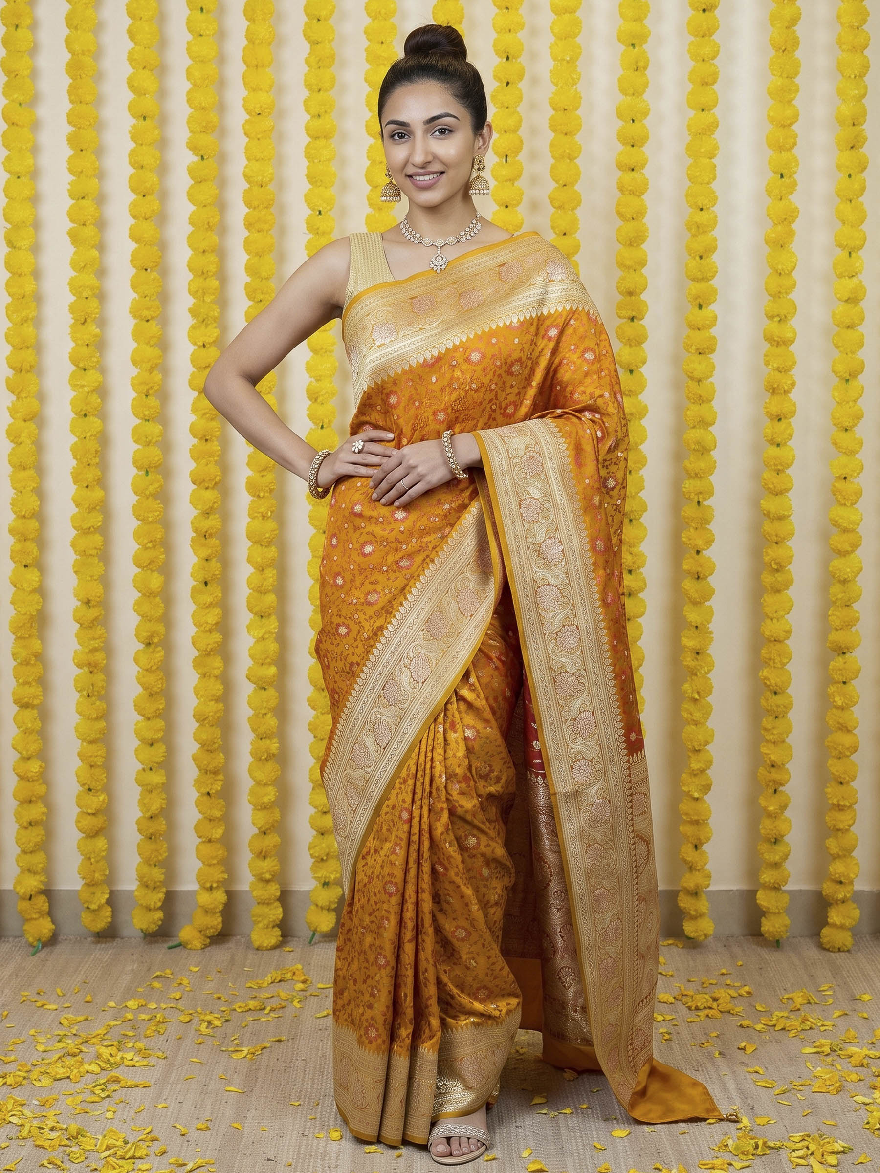 Mustard Woven Design Satin Saree