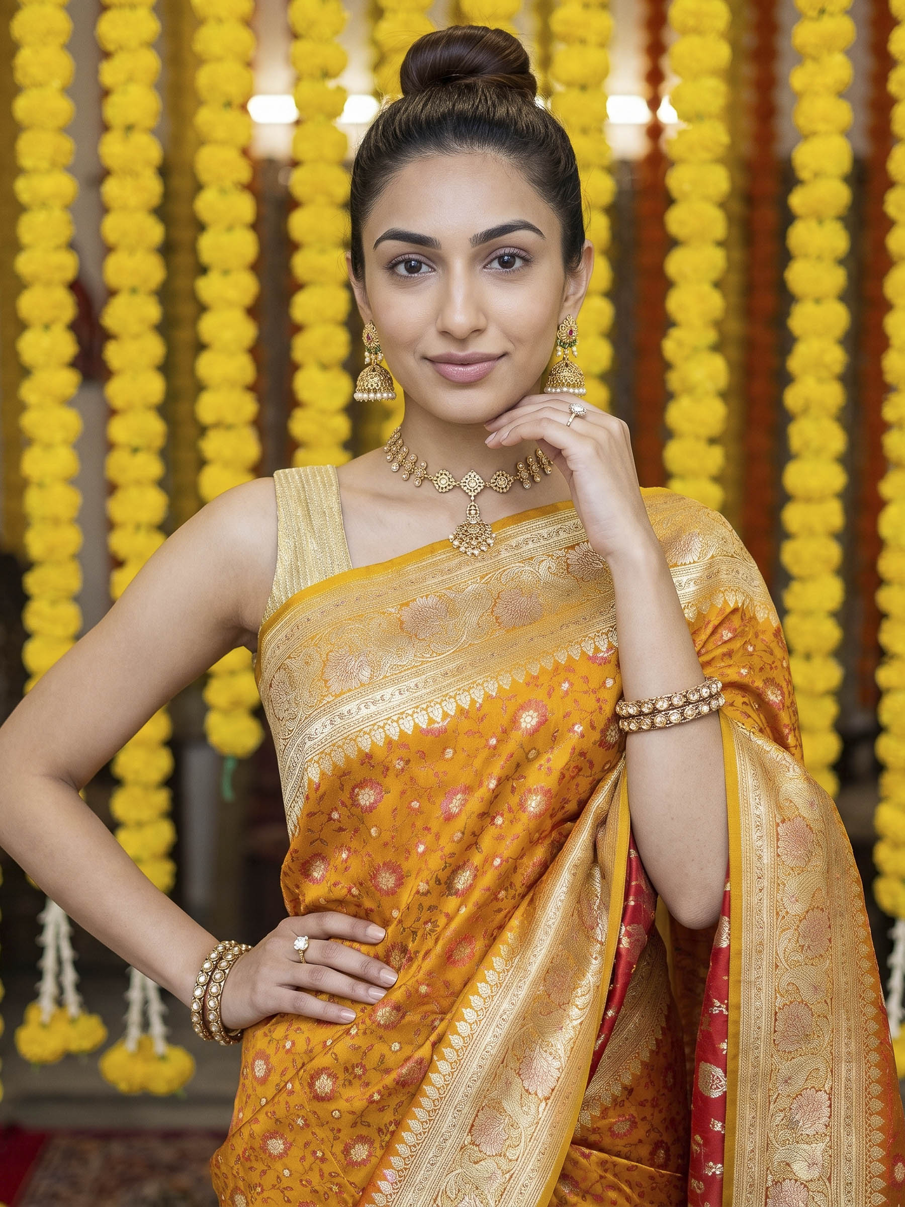 Mustard Woven Design Satin Saree