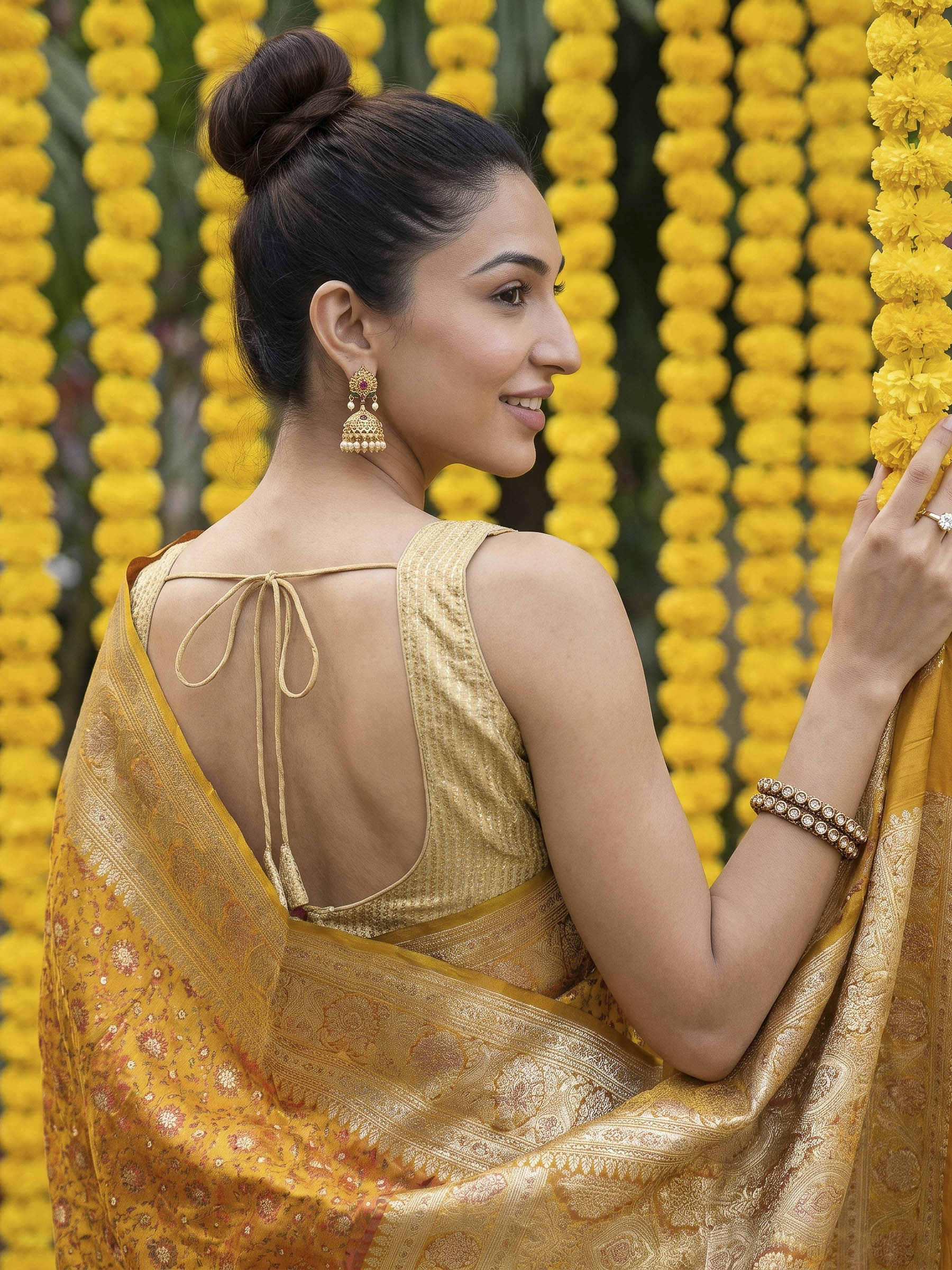 Mustard Woven Design Satin Saree