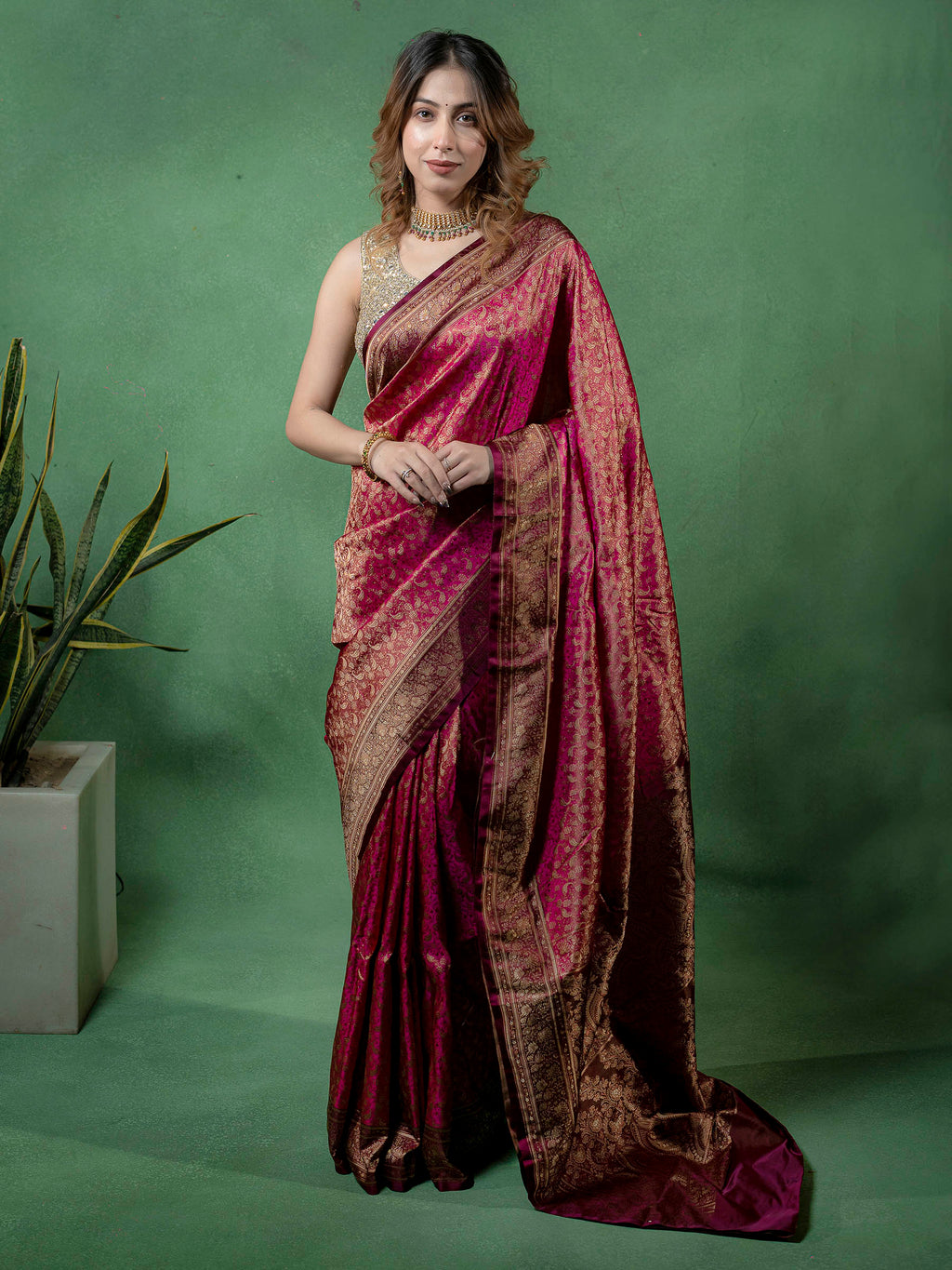 Maroon Woven Design Satan Saree