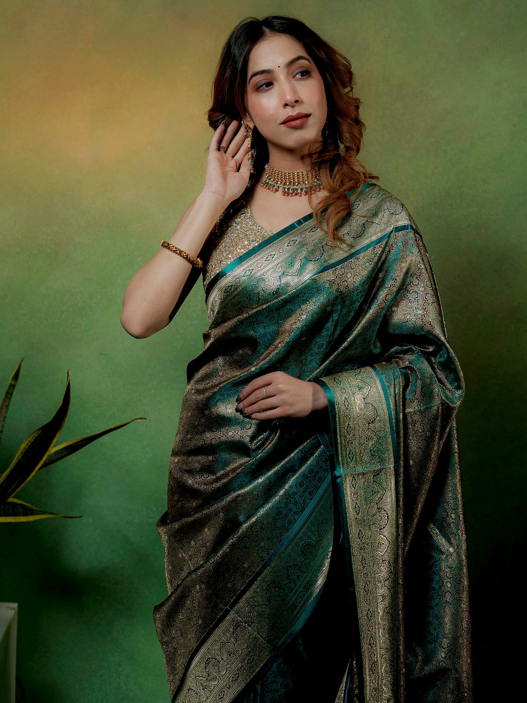 Rama-Green Woven Design Satin Saree