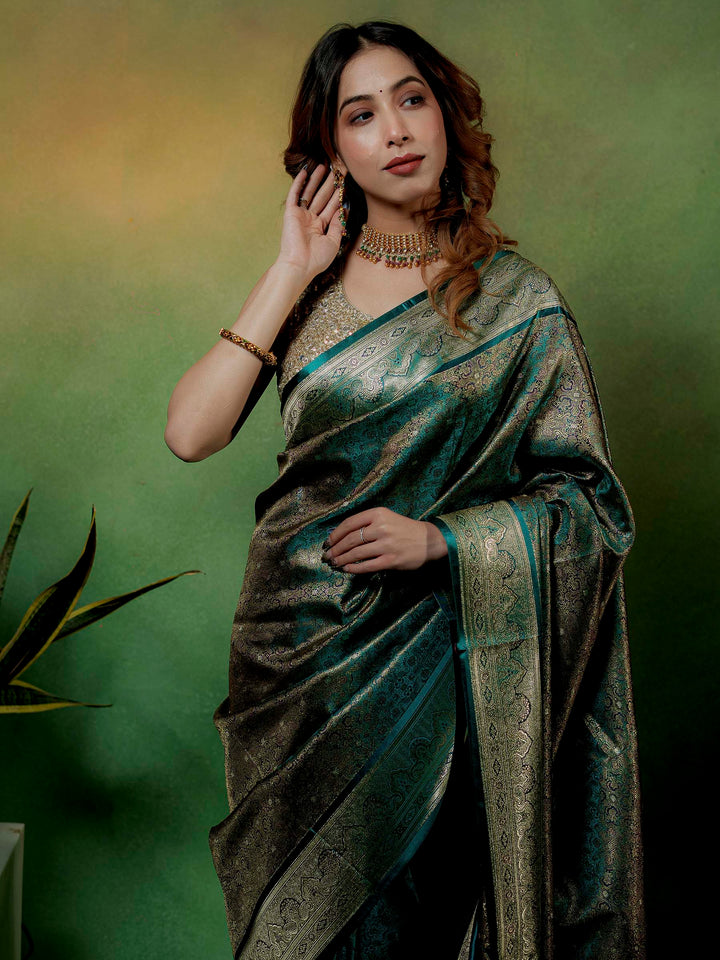 Rama-Green Woven Design Satin Saree