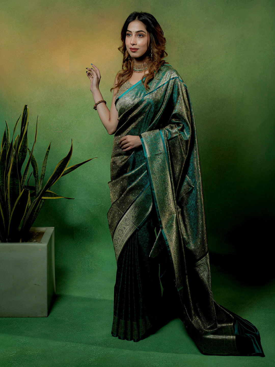 Rama-Green Woven Design Satin Saree