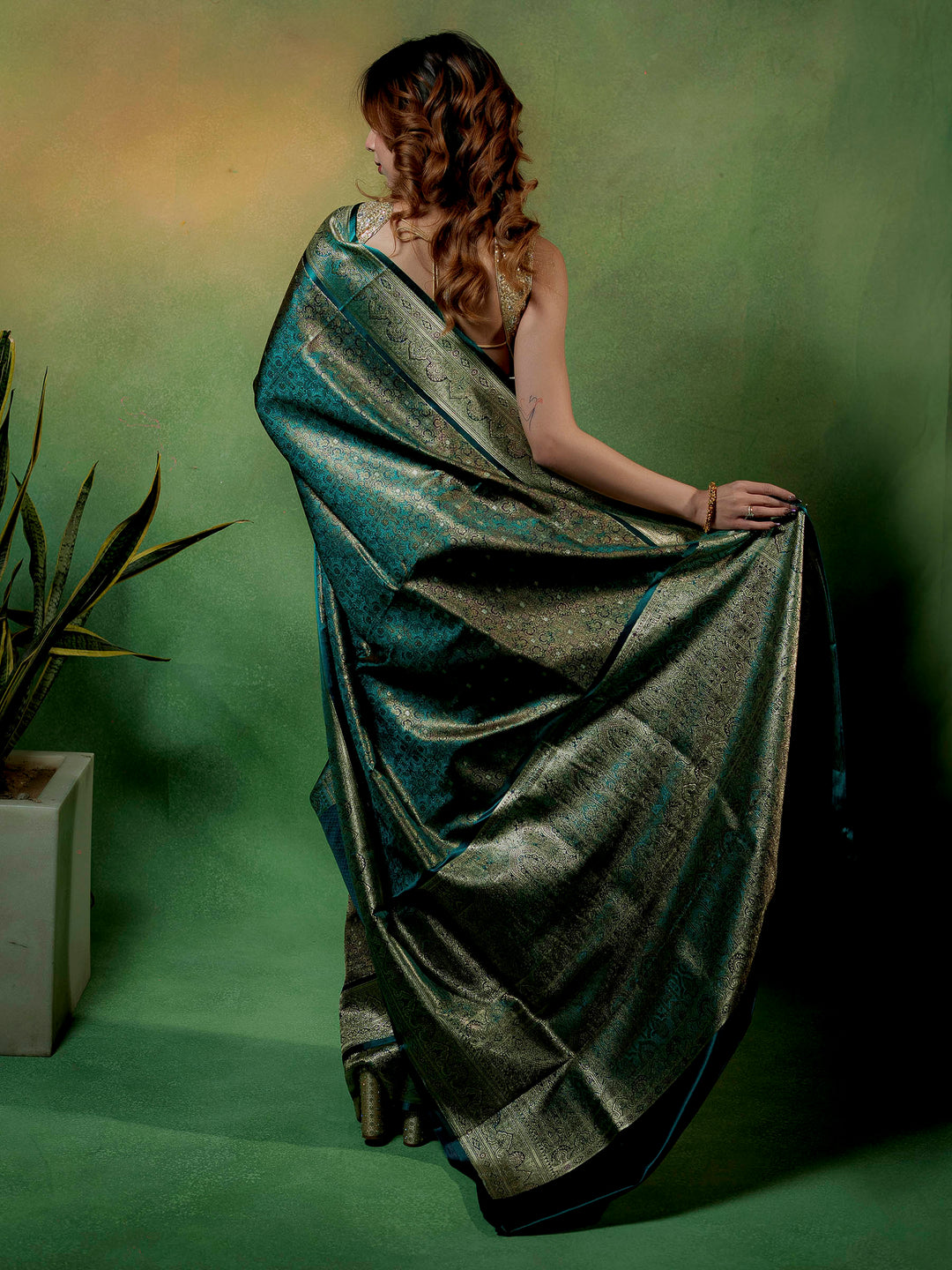 Rama-Green Woven Design Satin Saree