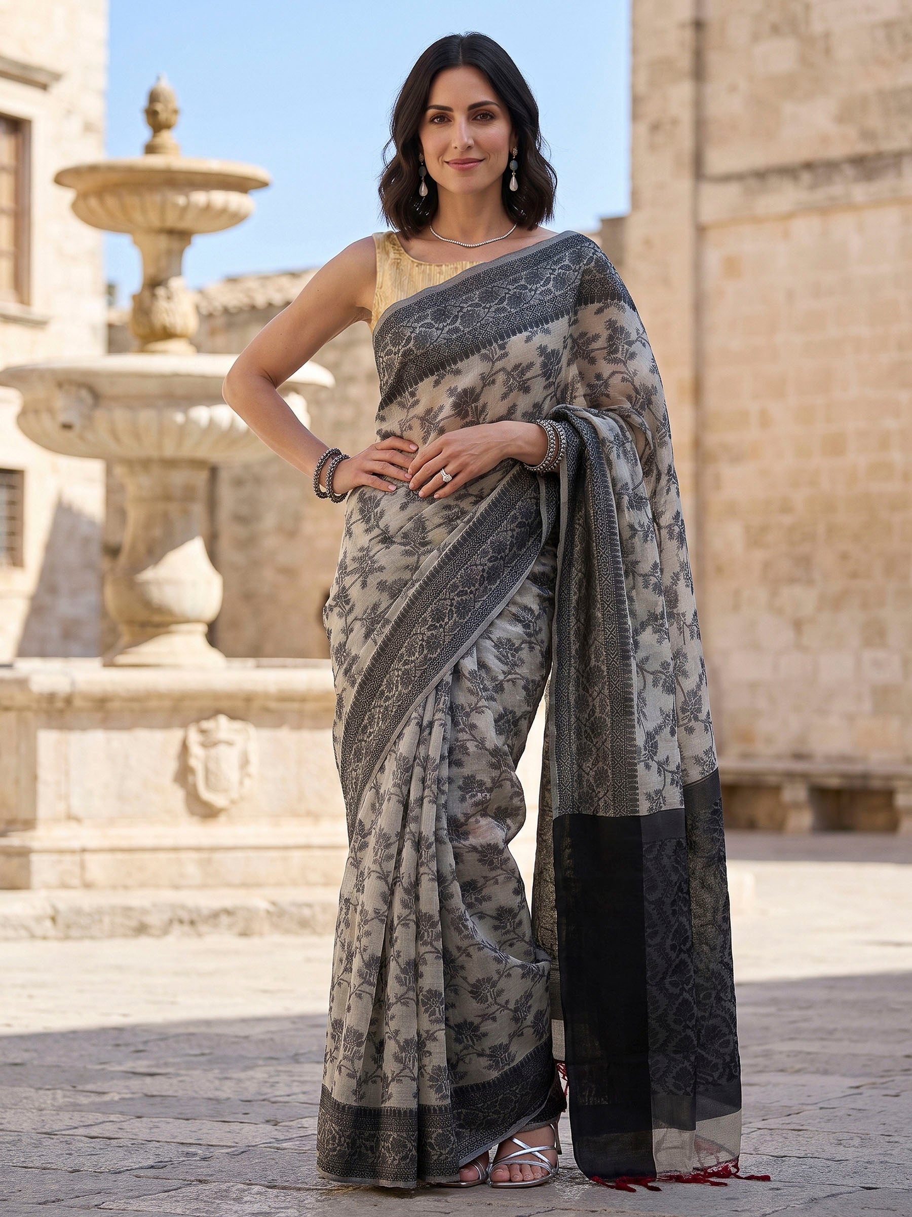Black Woven Design Cotton Blend Saree