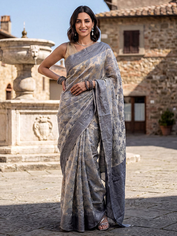 Grey-Cream Woven Design Cotton Saree