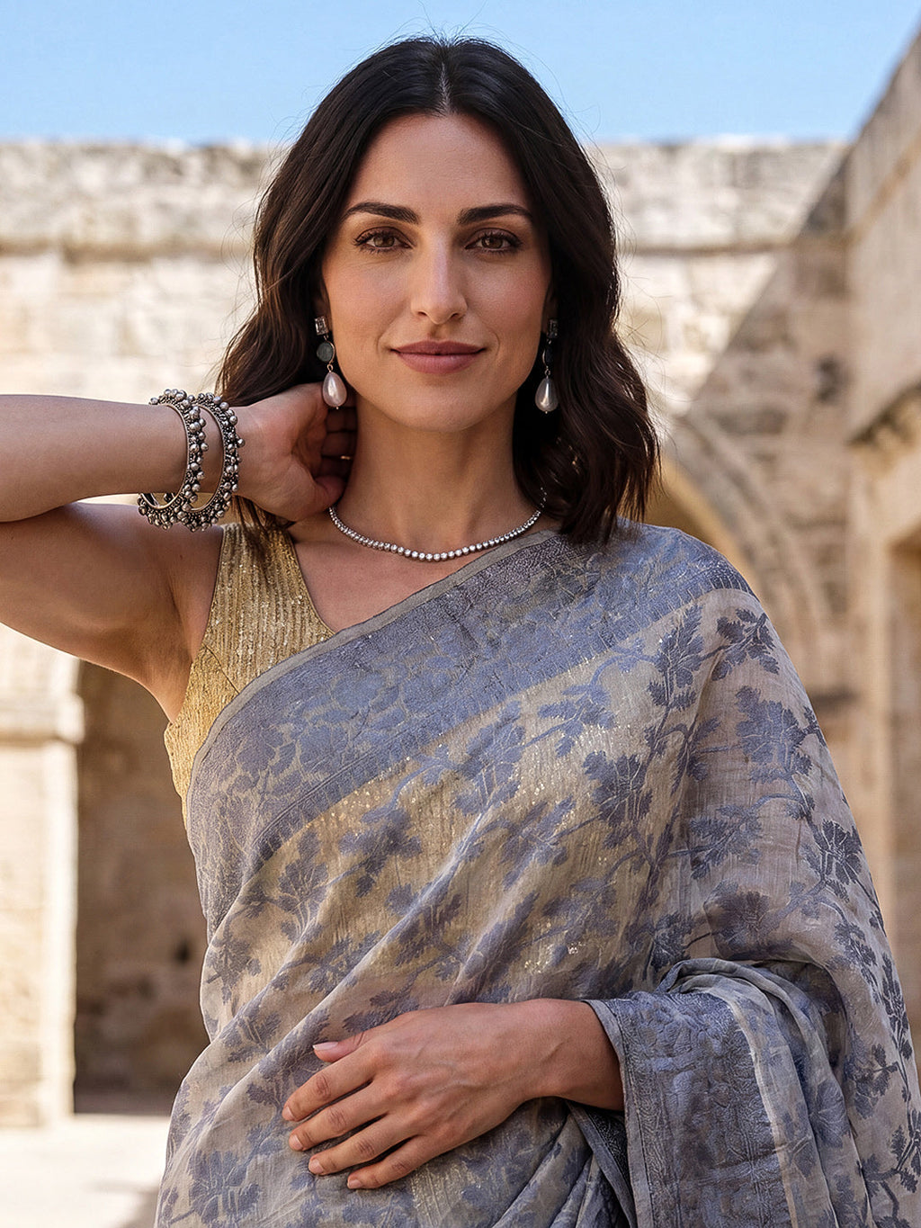 Grey-Cream Woven Design Cotton Saree