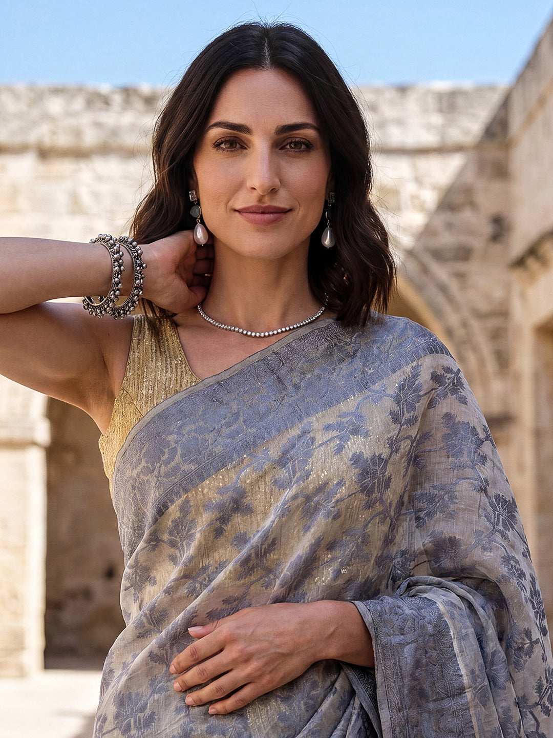 Grey-Cream Woven Design Cotton Saree