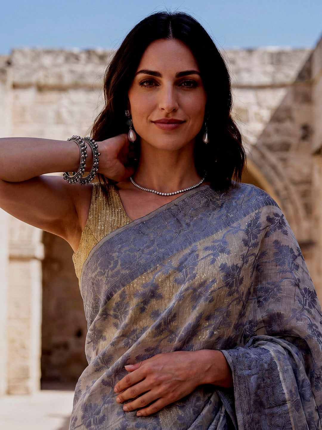 Grey-Cream Woven Design Cotton Saree