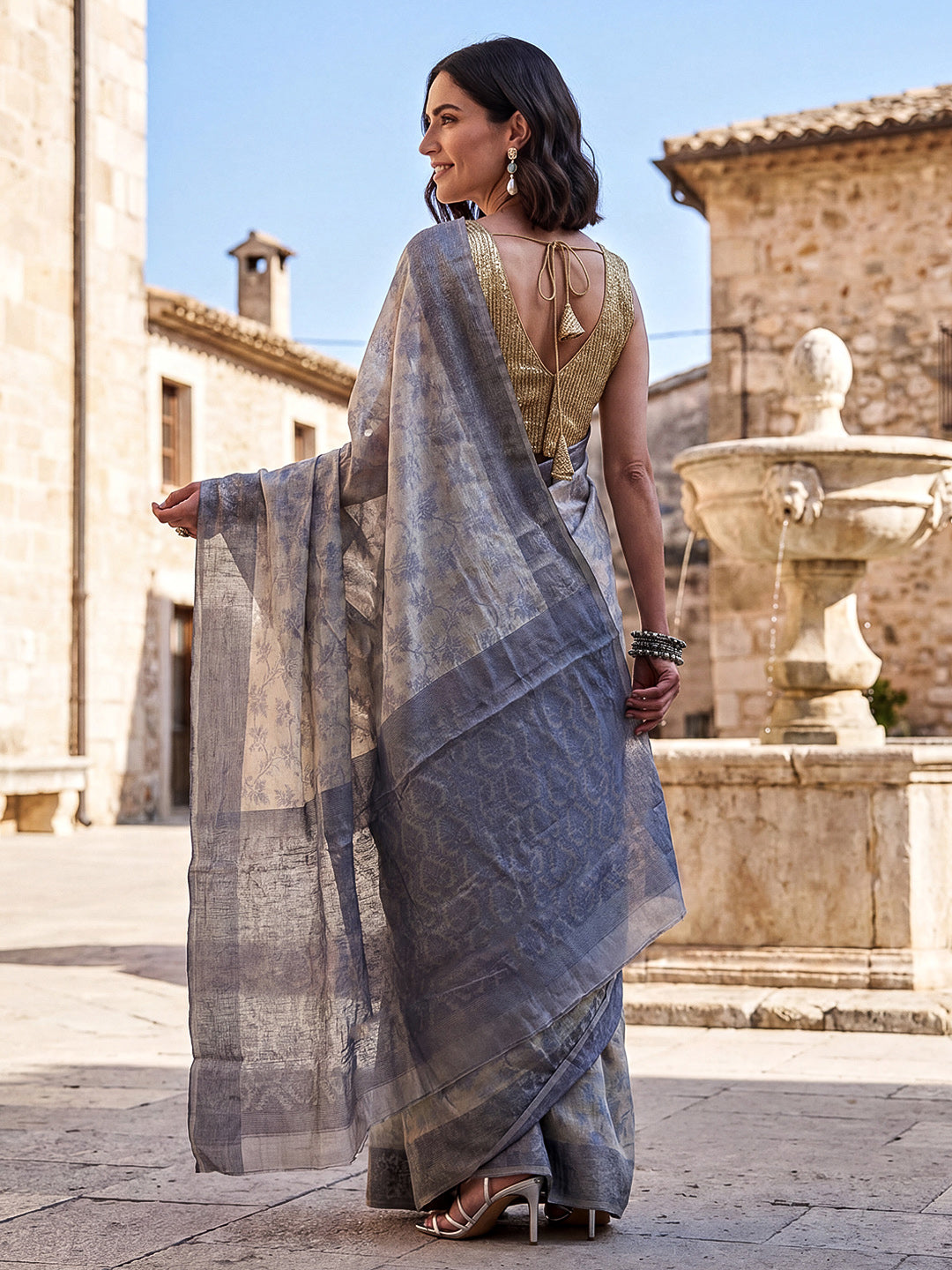 Grey-Cream Woven Design Cotton Saree