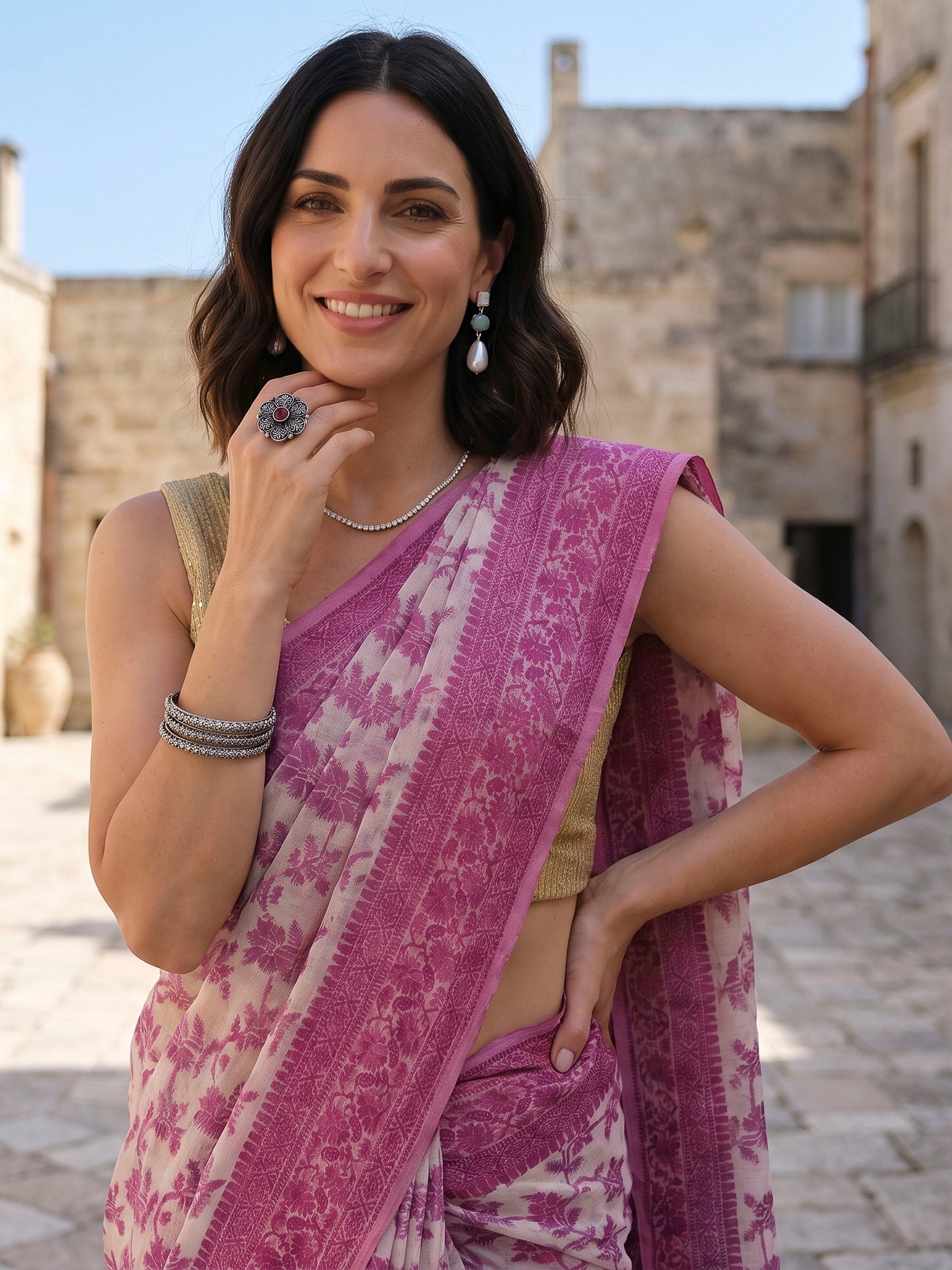 Magenta Woven Design Cotton Blend Saree