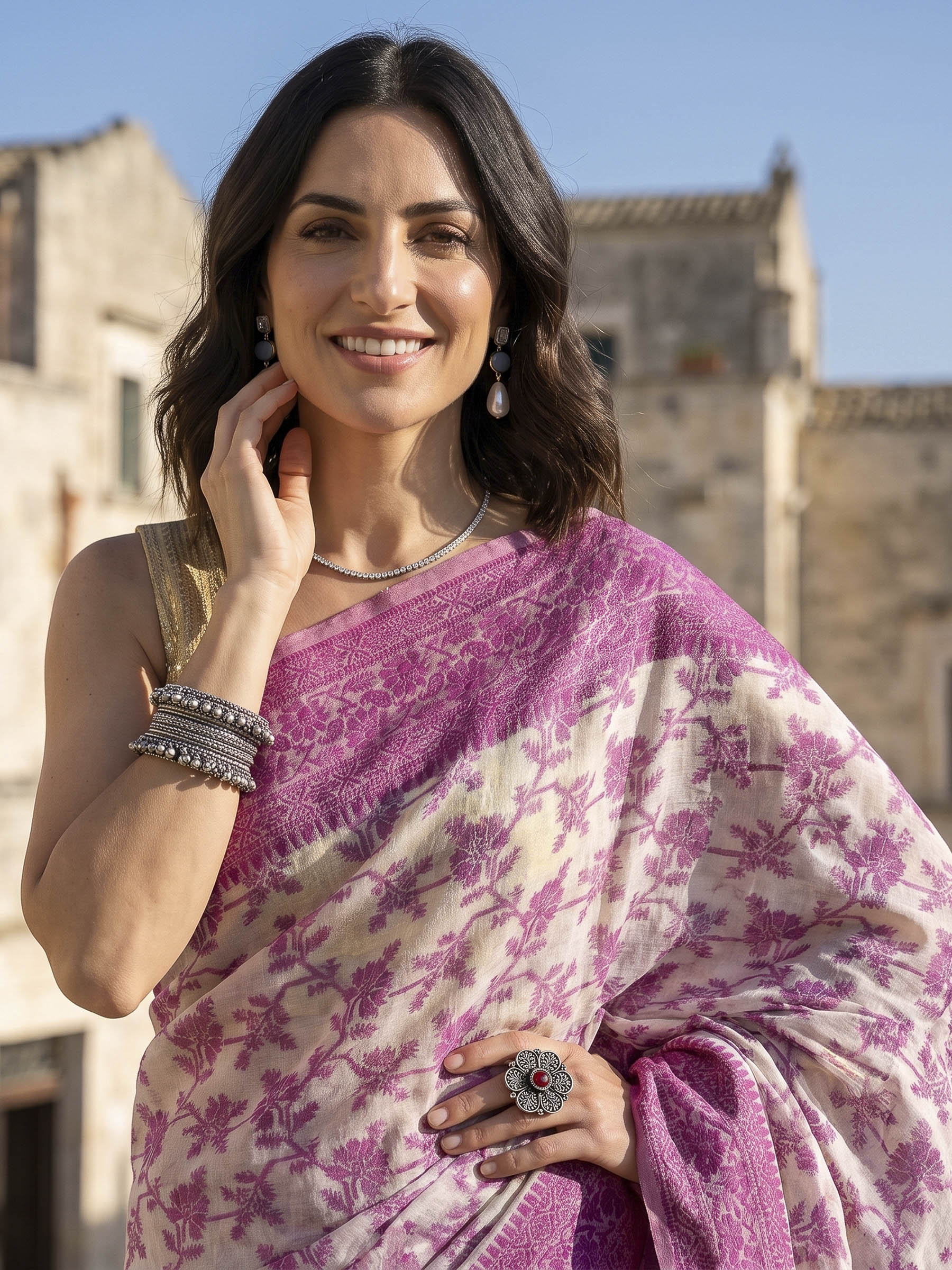 Magenta Woven Design Cotton Blend Saree
