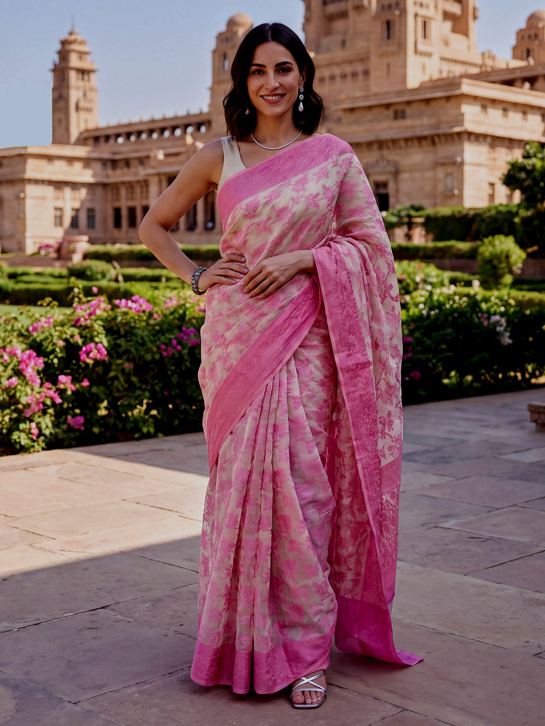 Pink-Cream Woven Design Cotton Saree