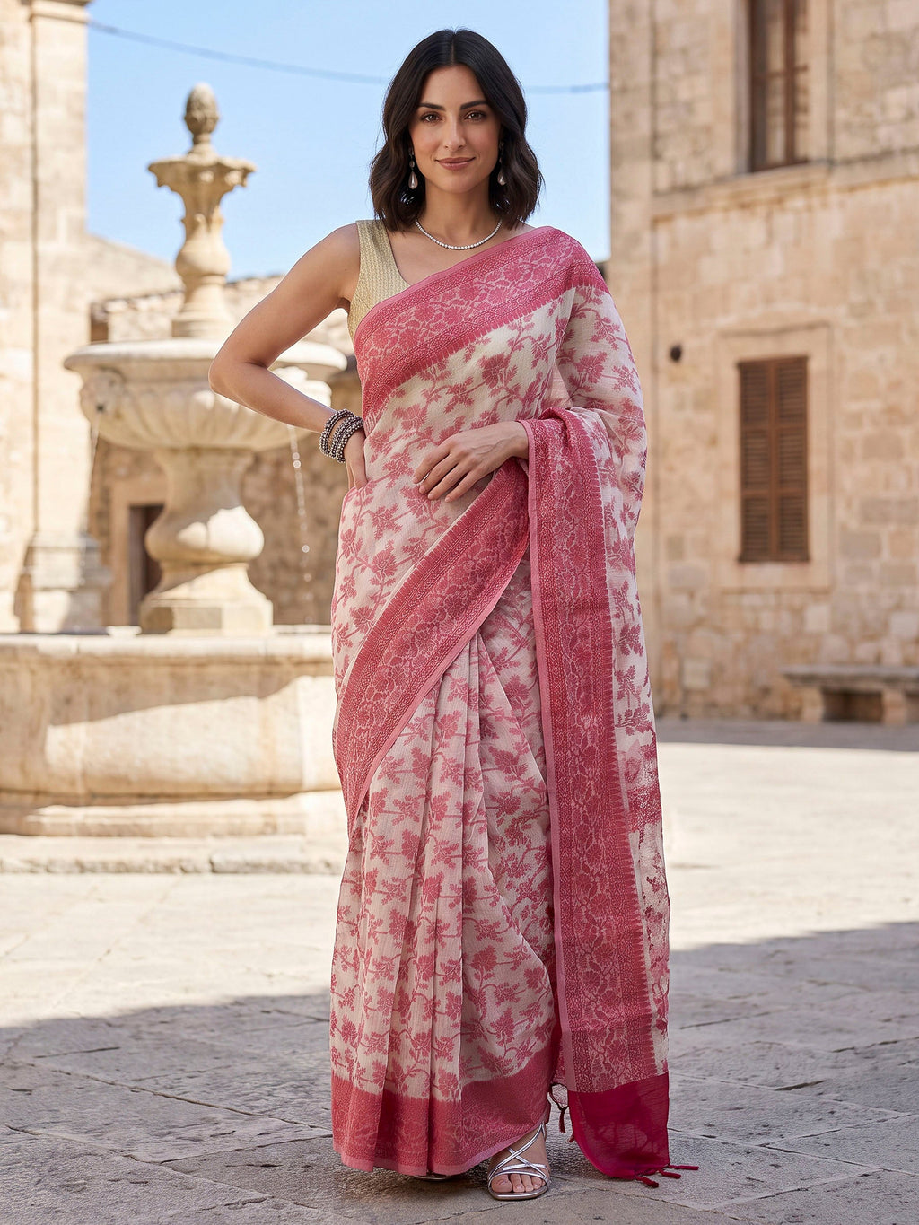 Red Woven Design Cotton Blend Saree