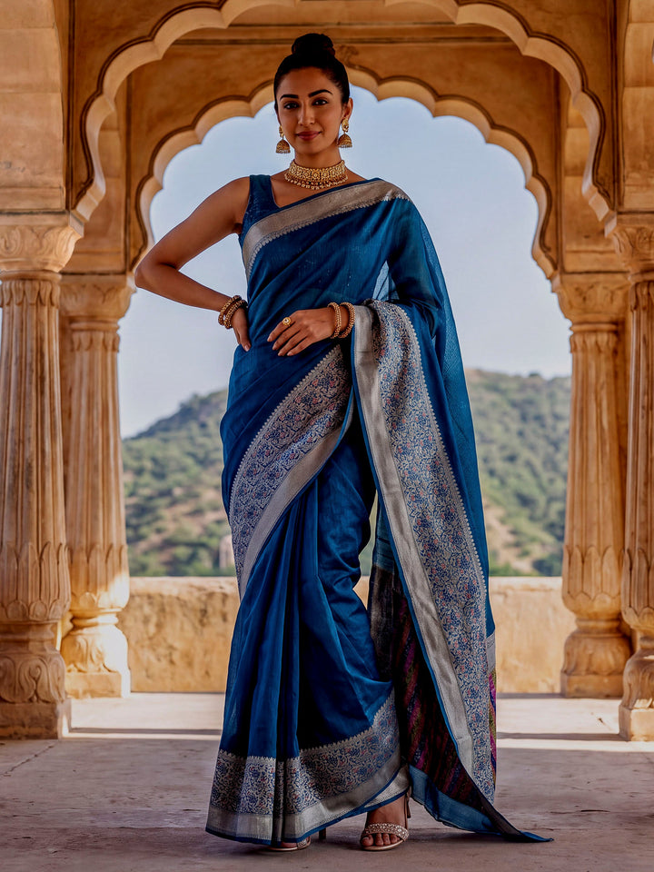 Peacock-Blue Woven Design Cotton Saree