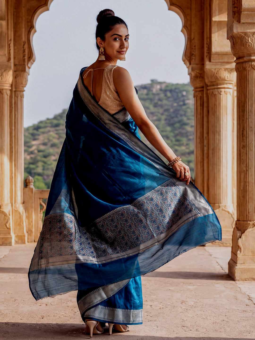 Peacock-Blue Woven Design Cotton Saree