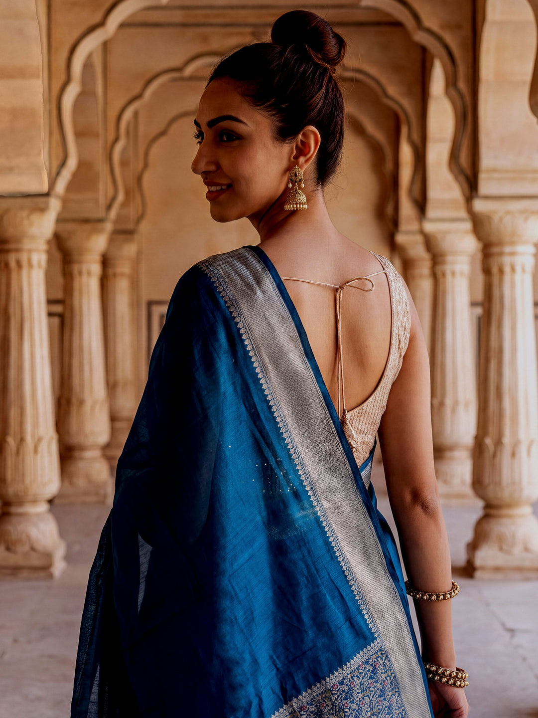 Peacock-Blue Woven Design Cotton Saree