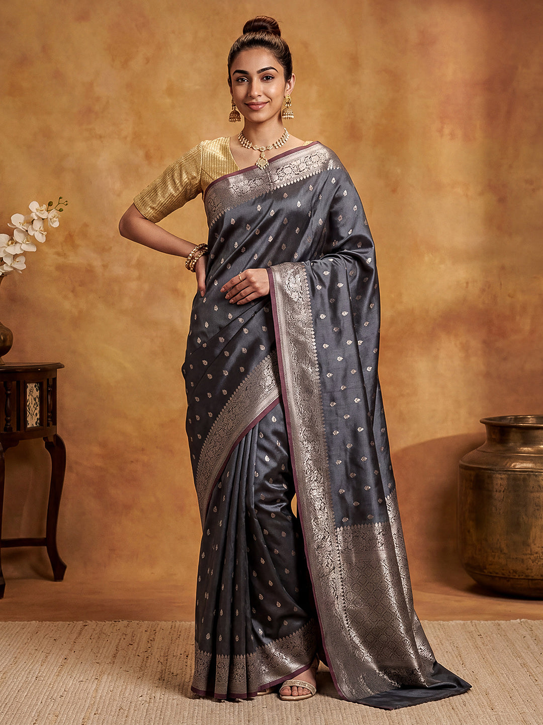 Grey Woven Design Art Katan Saree