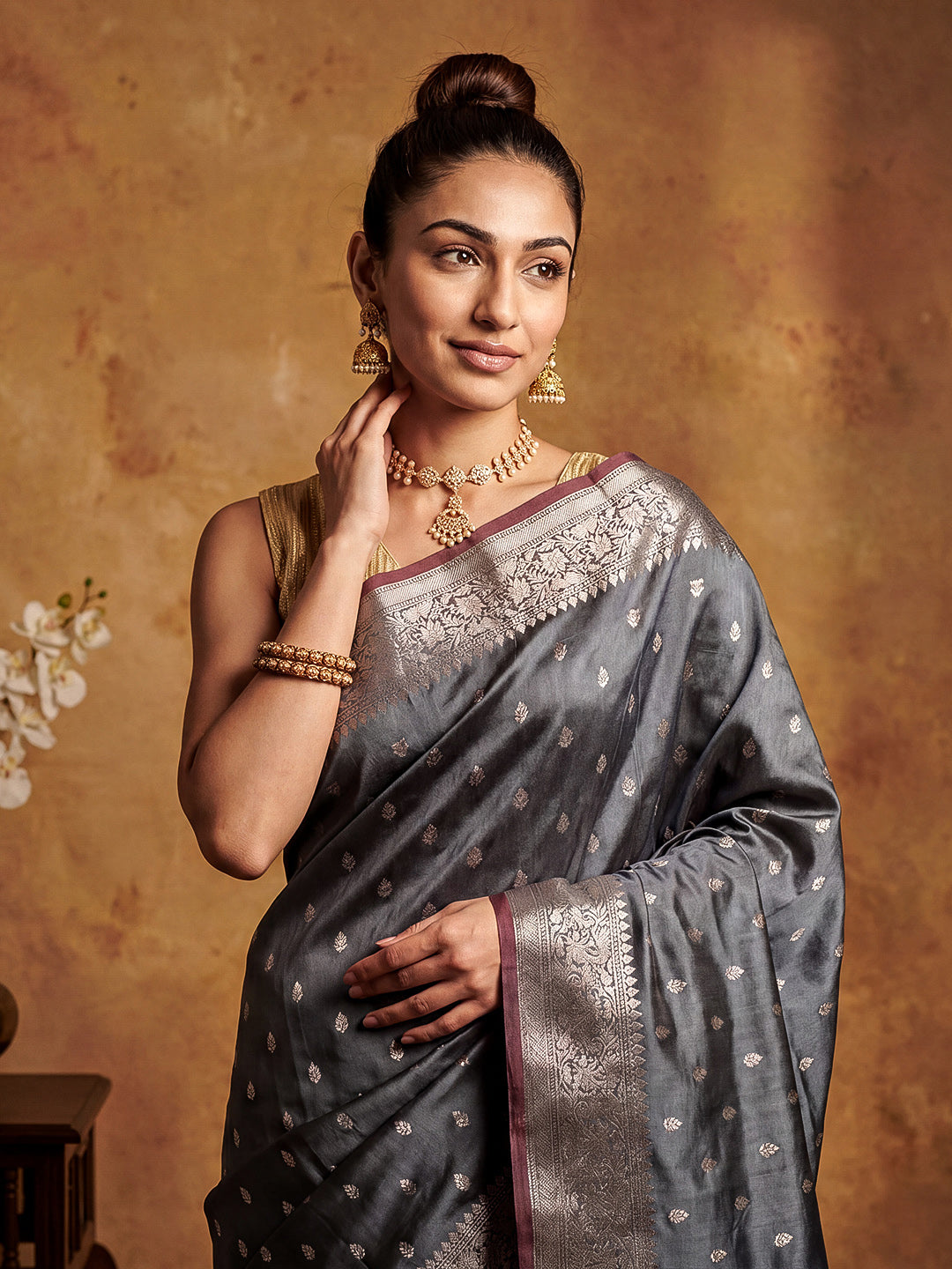 Grey Woven Design Art Katan Saree