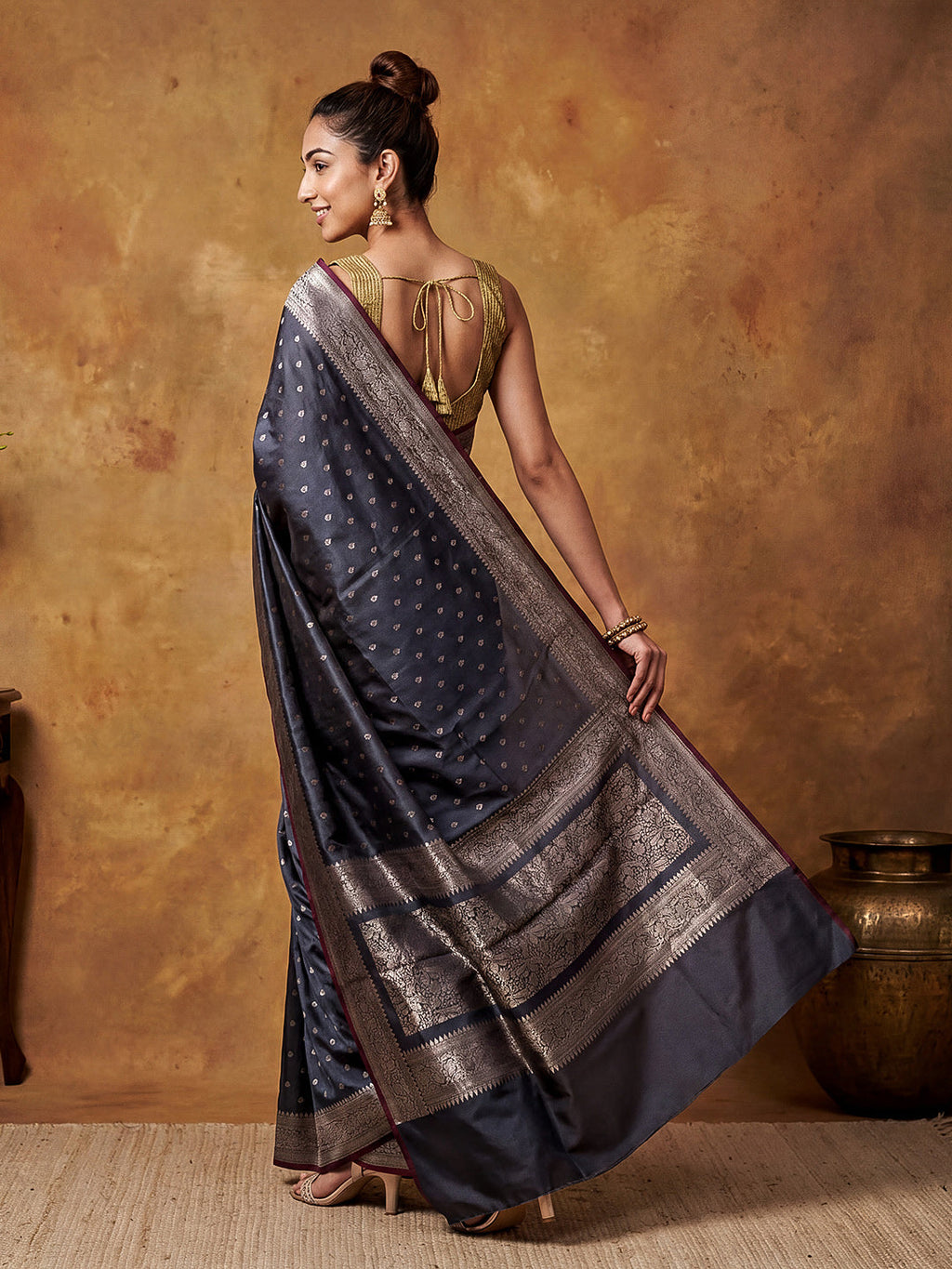 Grey Woven Design Art Katan Saree