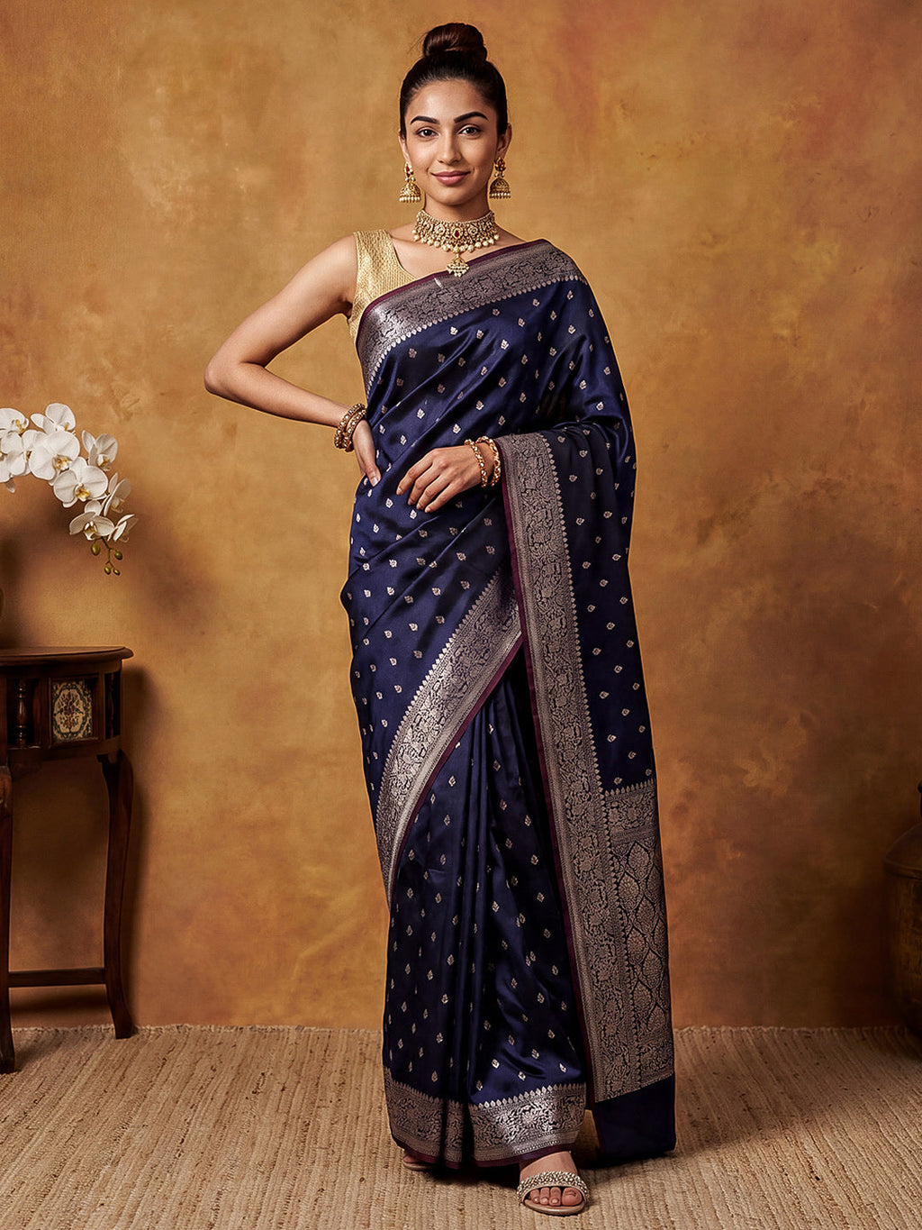 Navy Blue Woven Design Art Katan Saree