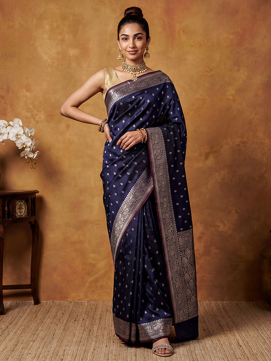 Navy Blue Woven Design Art Katan Saree