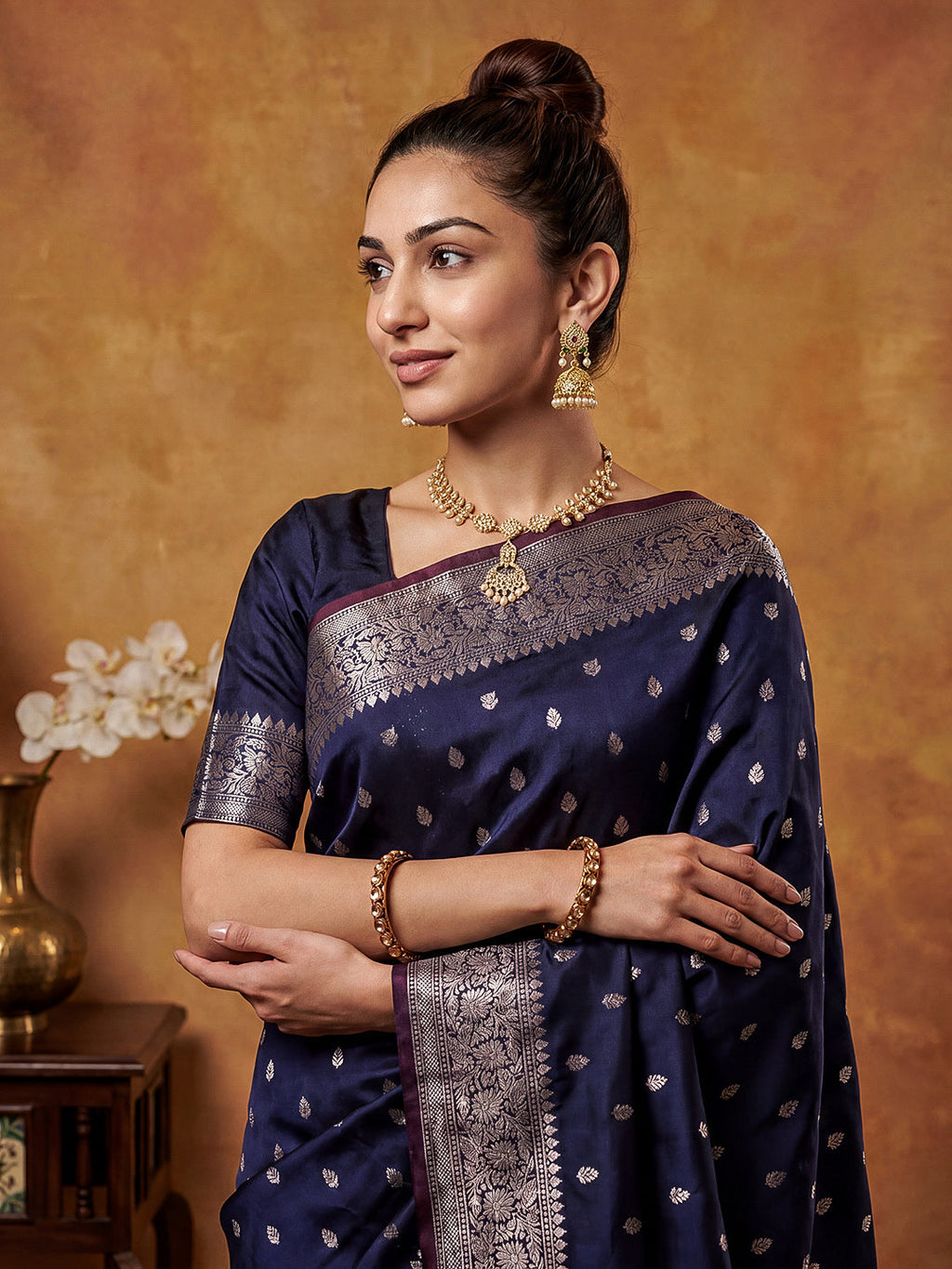 Navy Blue Woven Design Art Katan Saree