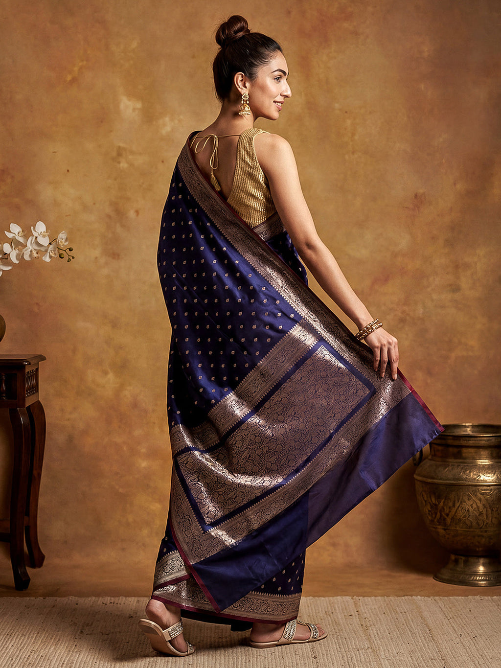 Navy Blue Woven Design Art Katan Saree