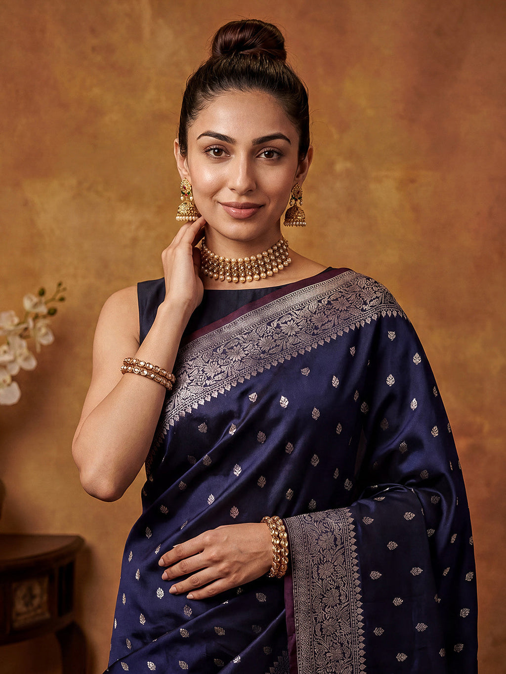 Navy Blue Woven Design Art Katan Saree