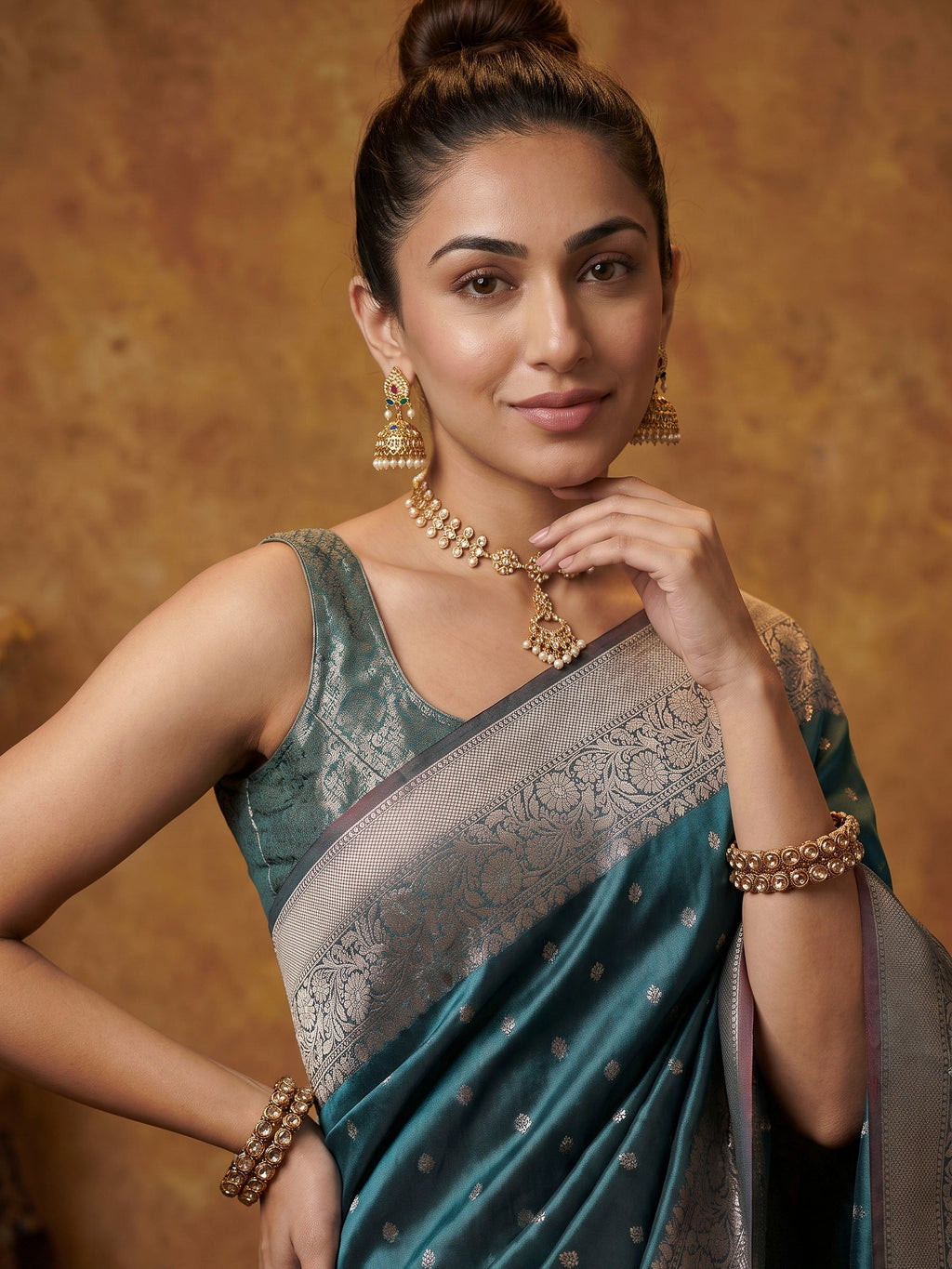 Teal Blue Woven Design Banarasi Saree