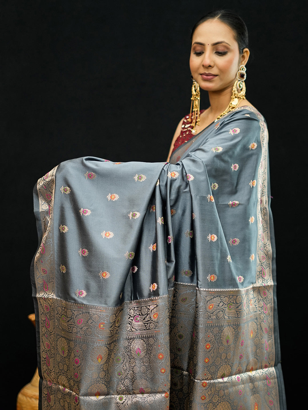 Grey Woven Design Art Katan Saree