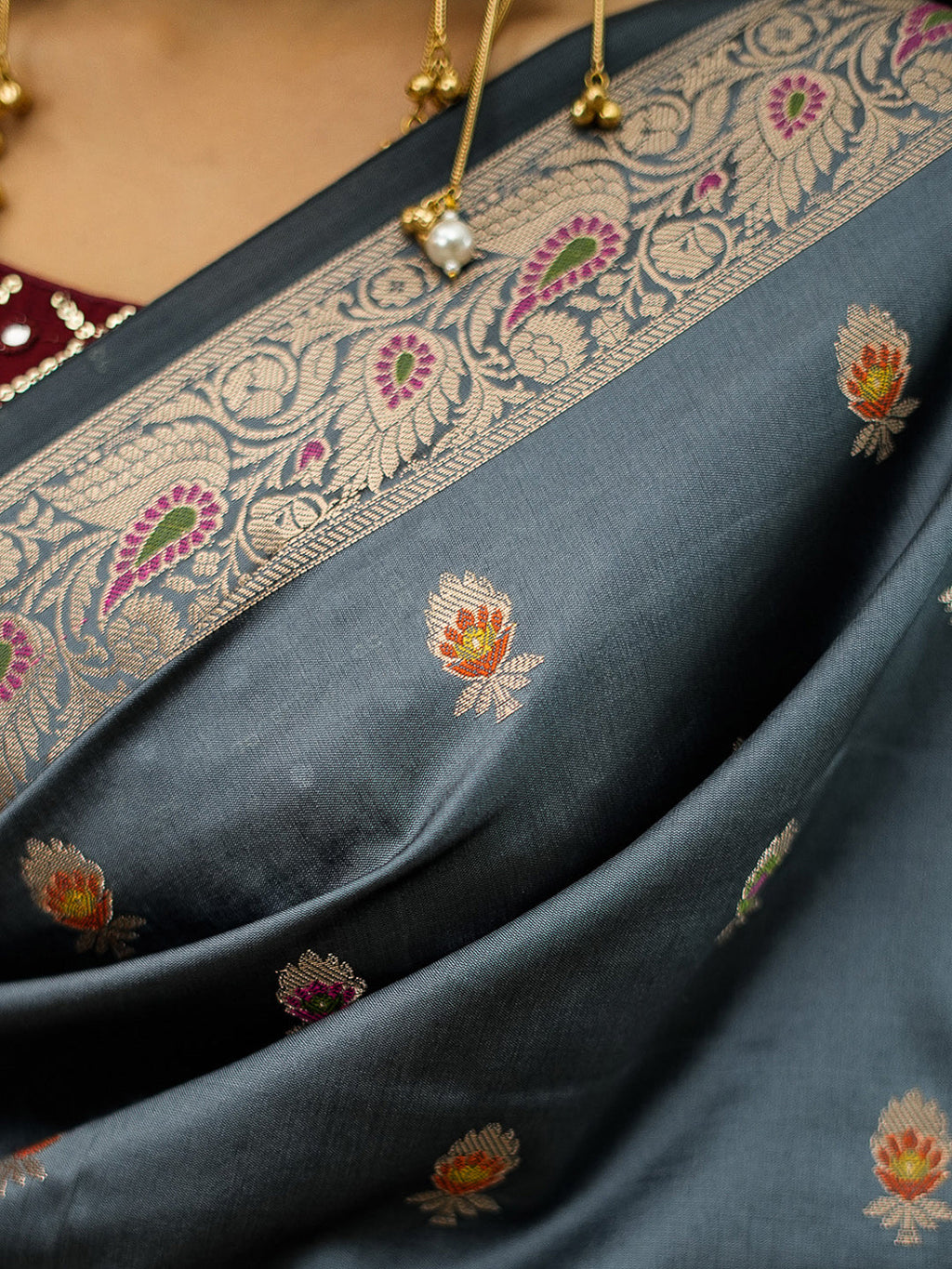 Grey Woven Design Art Katan Saree